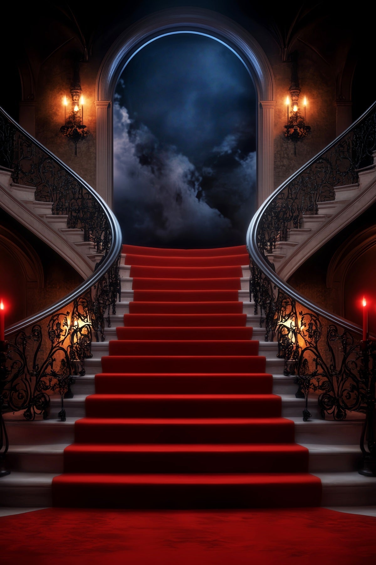 Red Carpet Backdrop Mystic Moonlit Stairway Mansion Stage Backdrop UK LXX58-339