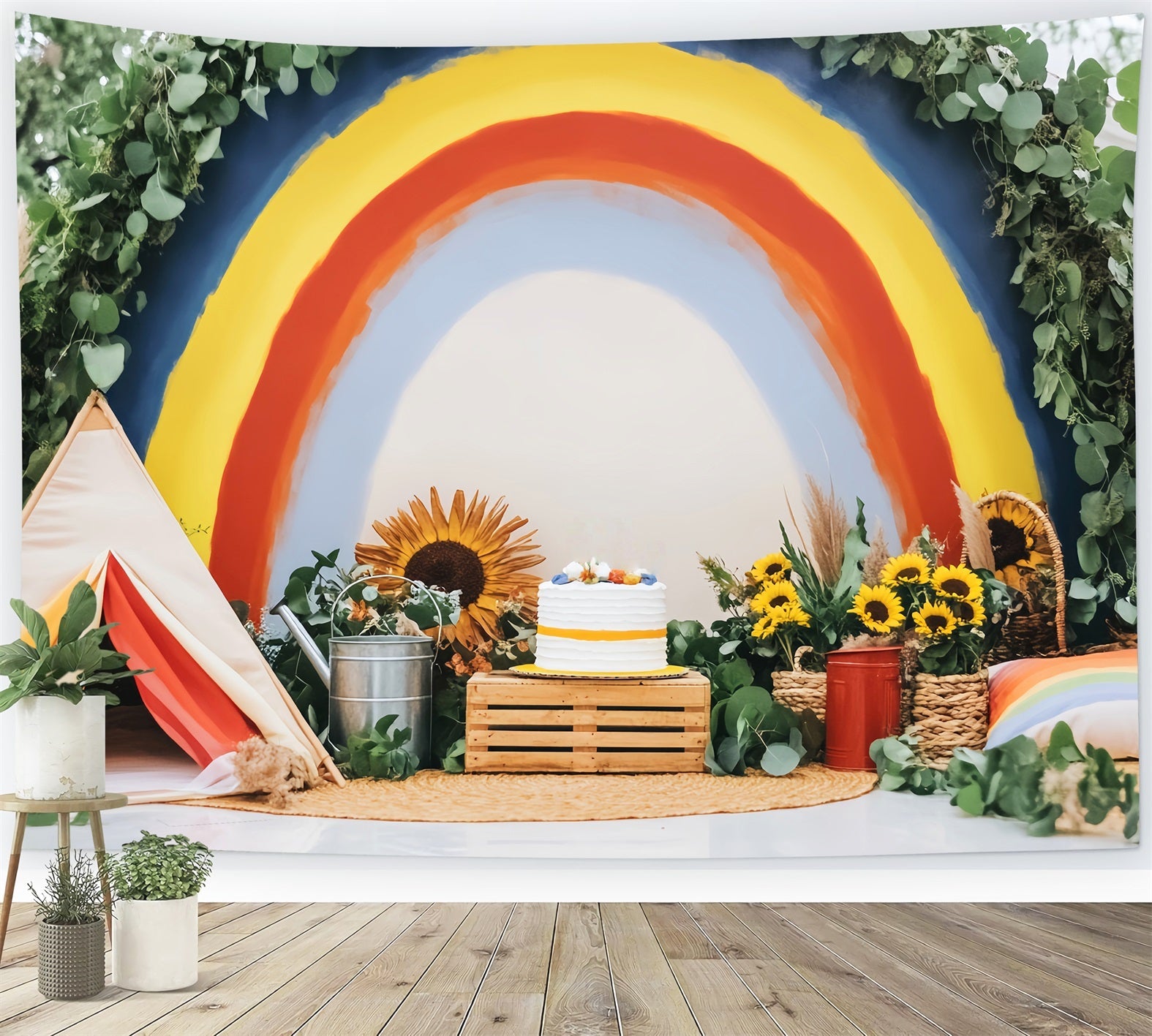 Newborn Backdrop Rainbow Cake Sunflowers Decor Kids Photo Backdrop UK LXX58-358