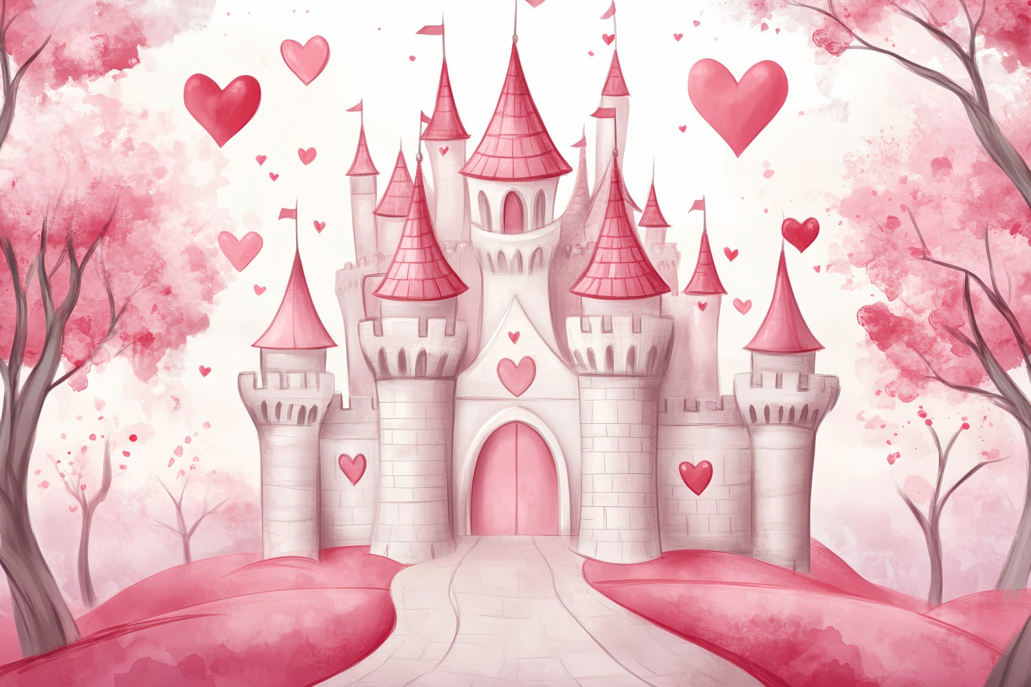 Castle Backdrop Pink Heart Fairytale Castle Kids Backdrops UK LXX58-371
