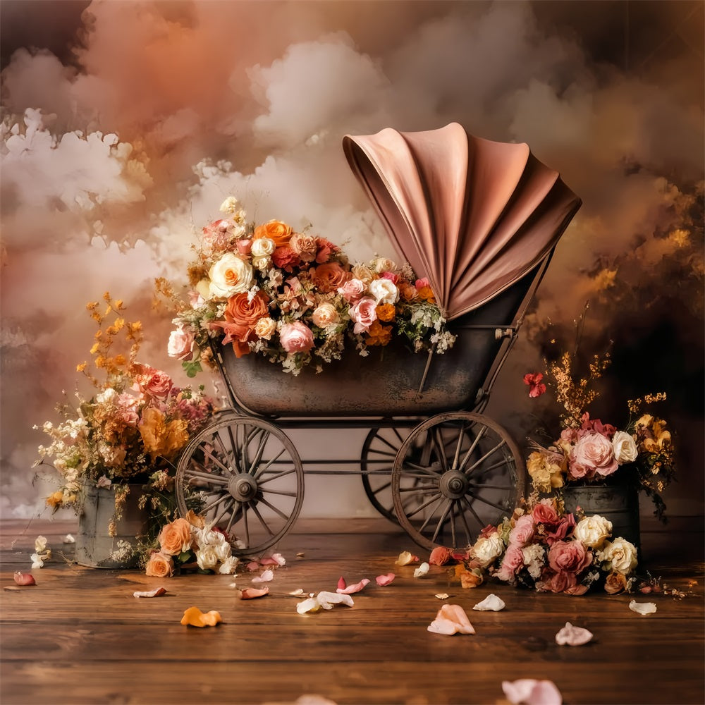 Newborn Fall Backdrop Vintage Stroller Blooming Flowers Newborn Backdrop UK LXX58-376