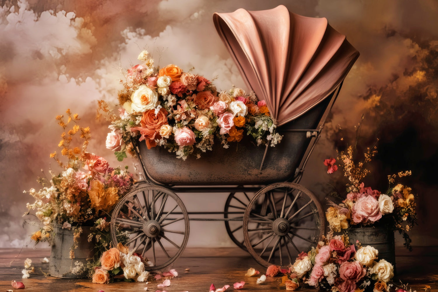 Newborn Fall Backdrop Vintage Stroller Blooming Flowers Newborn Backdrop UK LXX58-376