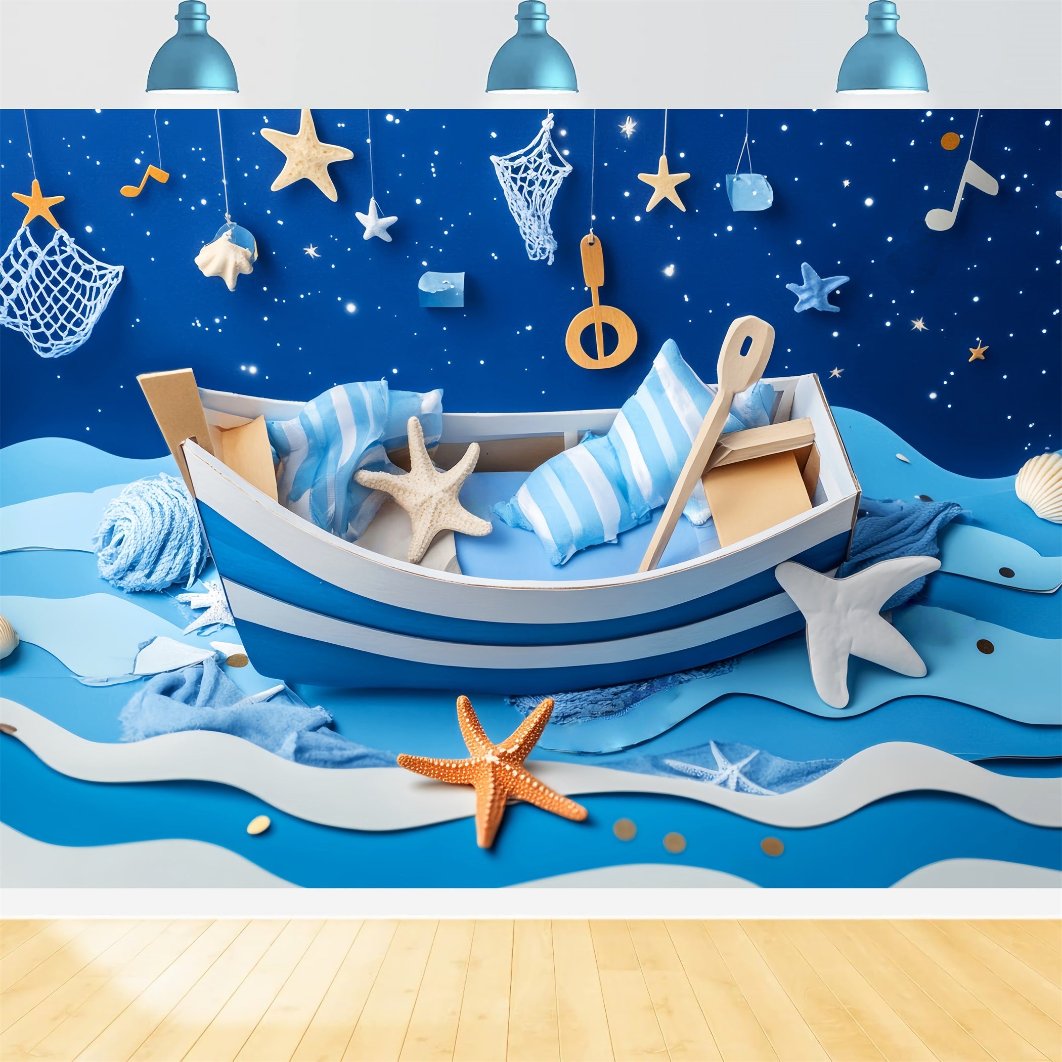 Newborn Backdrop Blue Boat Starfish Night Kids Photo Backdrop UK LXX58-382