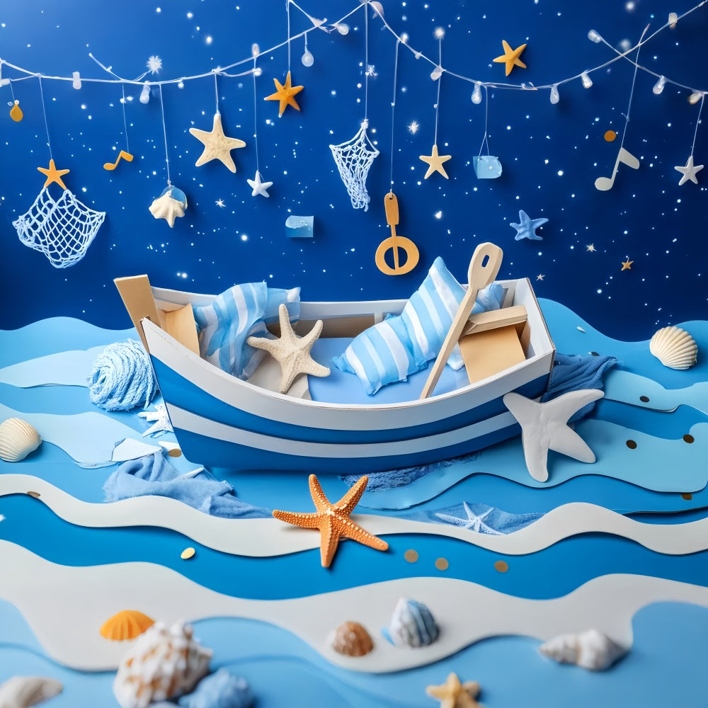 Newborn Backdrop Blue Boat Starfish Night Kids Photo Backdrop UK LXX58-382