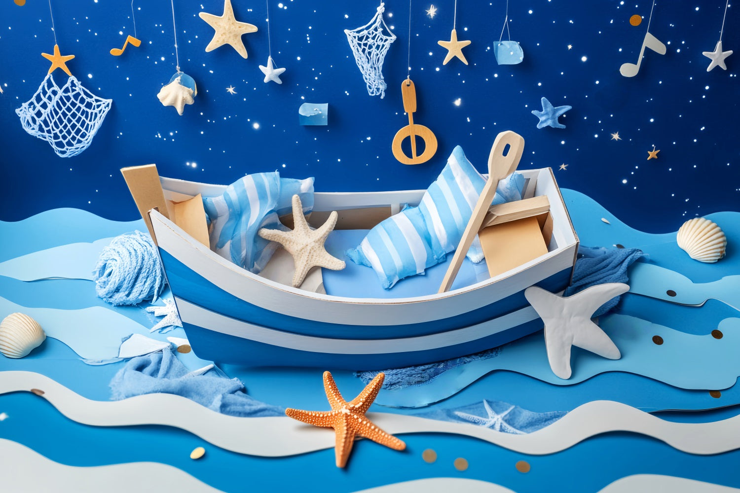 Newborn Backdrop Blue Boat Starfish Night Kids Photo Backdrop UK LXX58-382