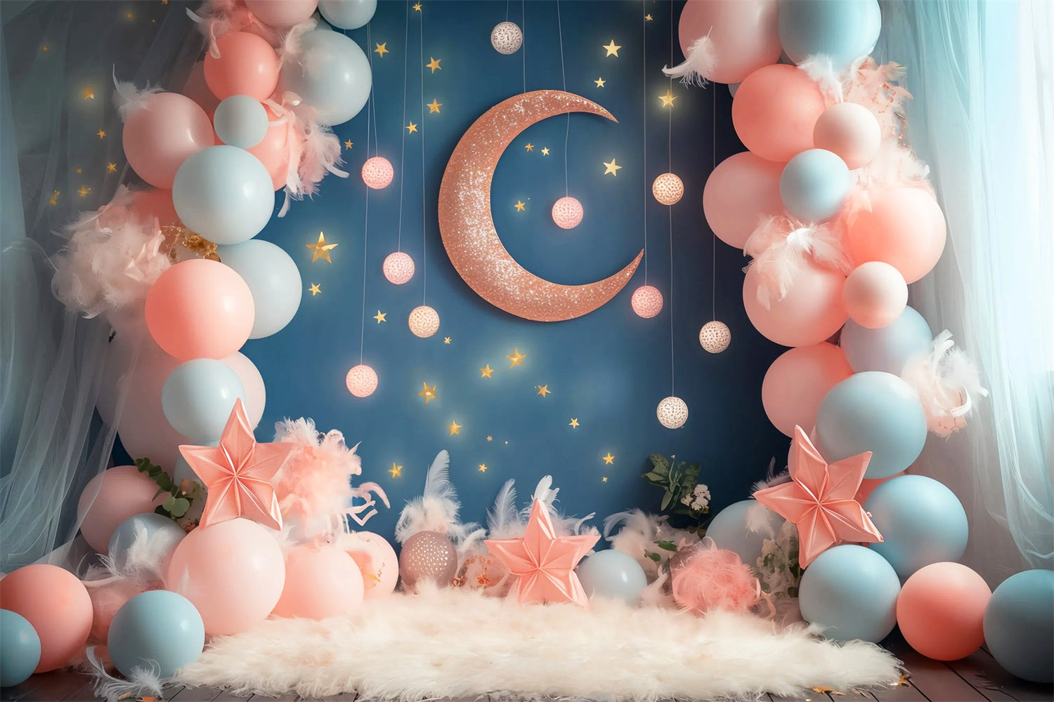 Moon And Stars Backdrop Moon Star Balloon Dreamland Newborn Photo Backdrop UK LXX58-389