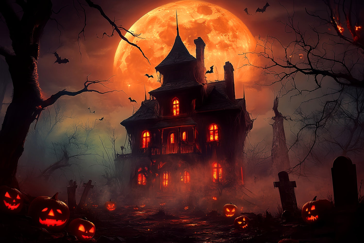 Haunted House Backdrop Crimson Moon Horror Backdrop UK LXX58-44