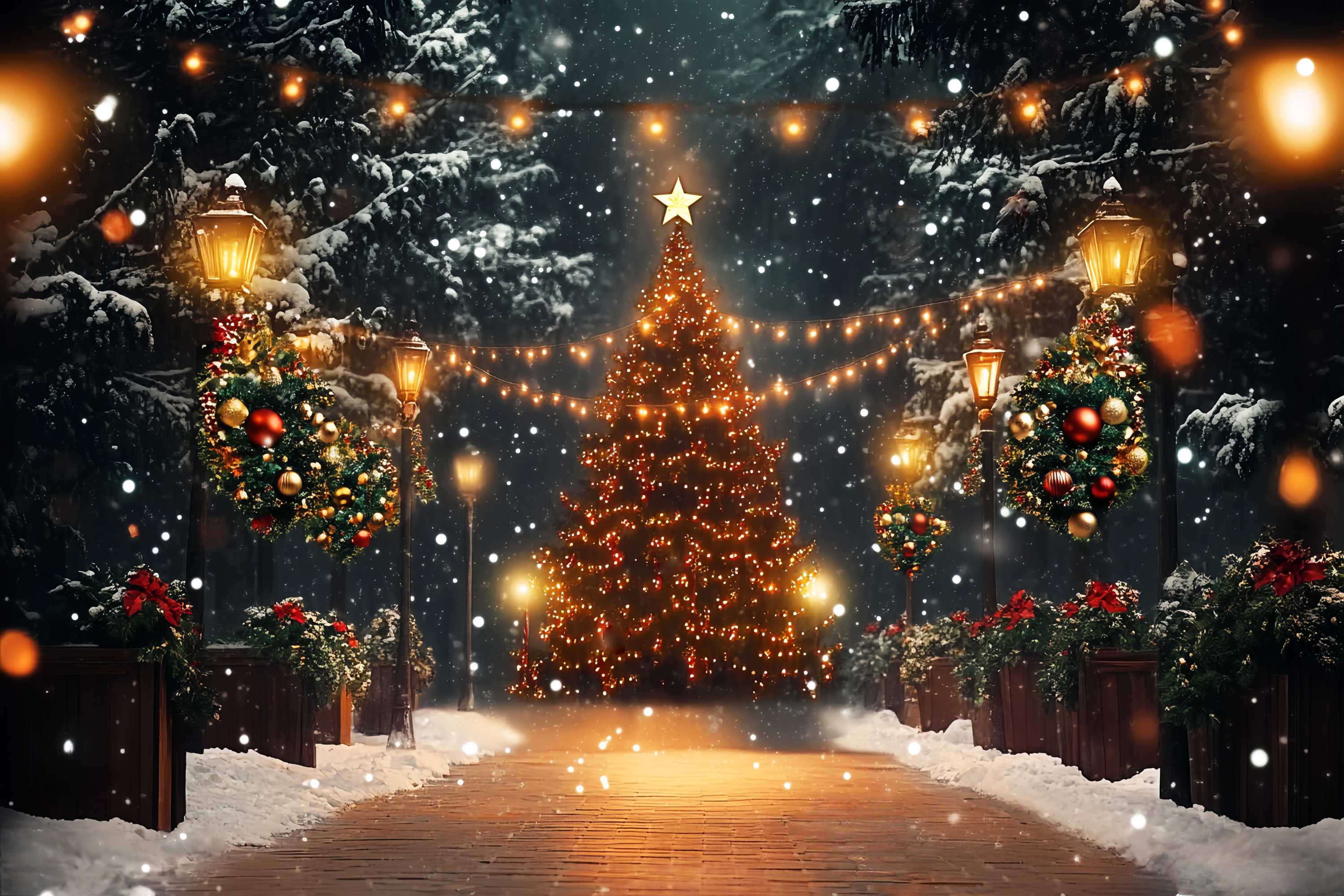 Christmas Tree Farm Backdrop Magical Snowy Tree Lights Christmas Photo Backdrop UK LXX58-51