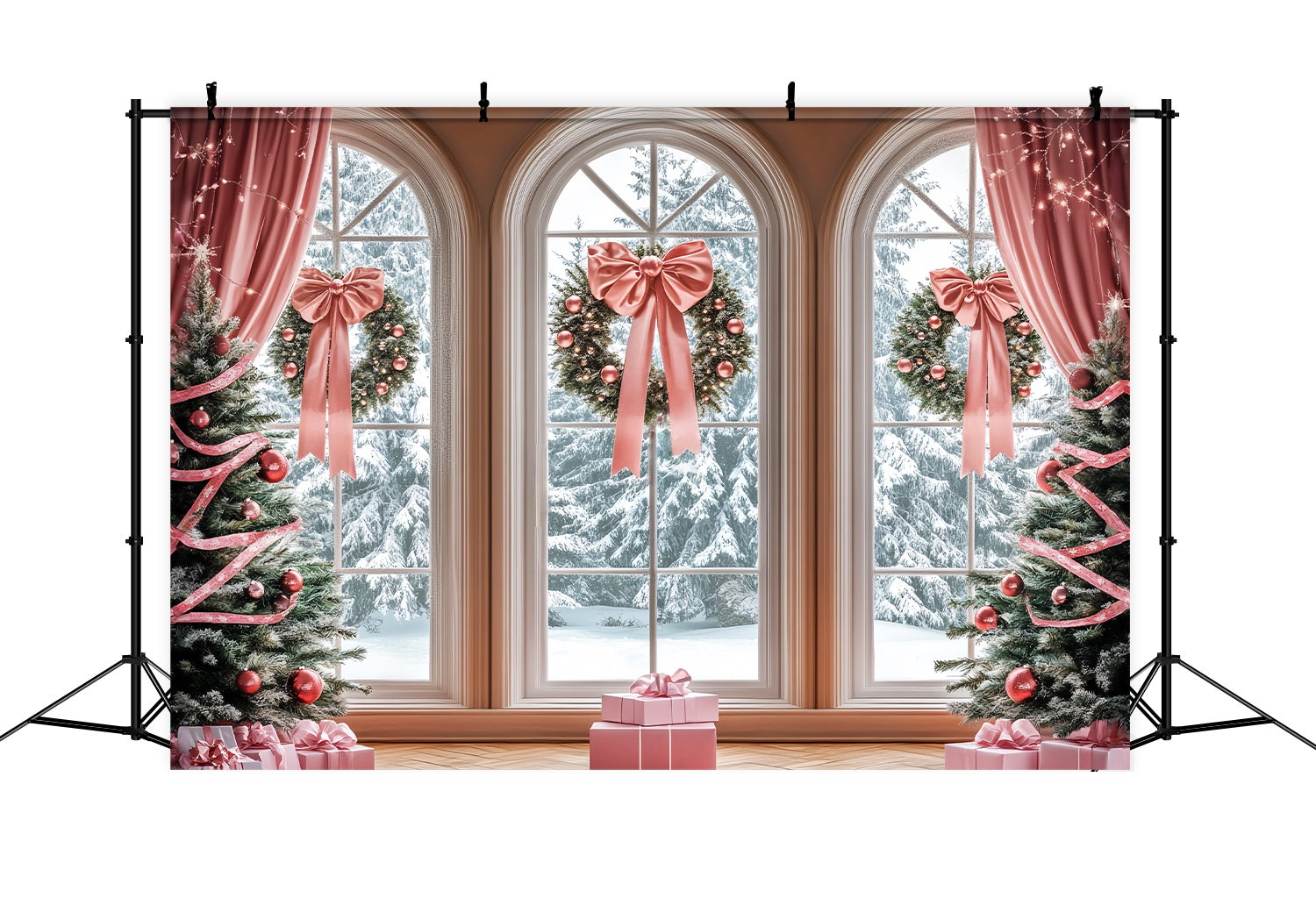 Pink Christmas Backdrop Pink Ribbon Window Wreaths Christmas Backdrops UK LXX58-52