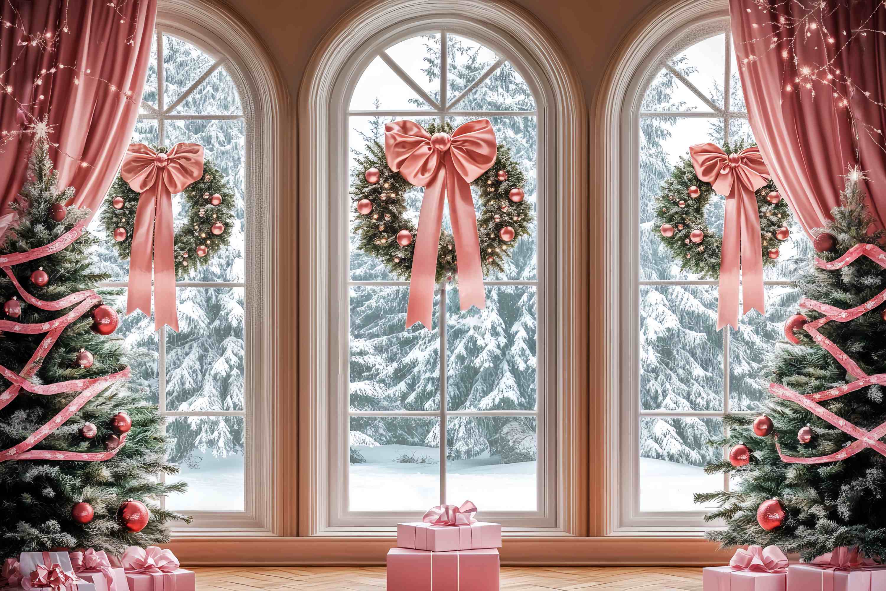 Pink Christmas Backdrop Pink Ribbon Window Wreaths Christmas Backdrops UK LXX58-52