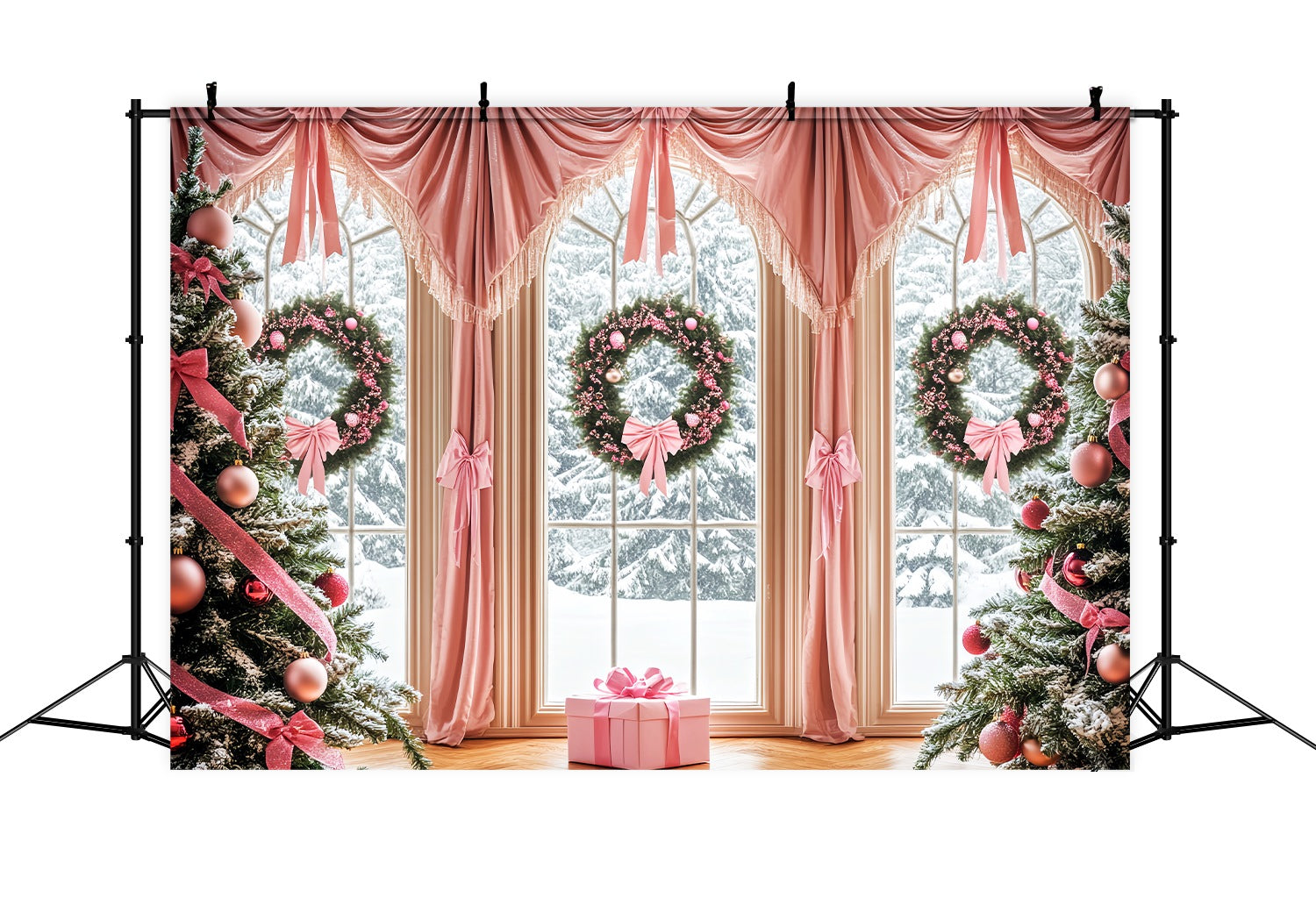 Pink Christmas Backdrop Pink Bow Elegant Window Backdrop Christmas UK LXX58-57