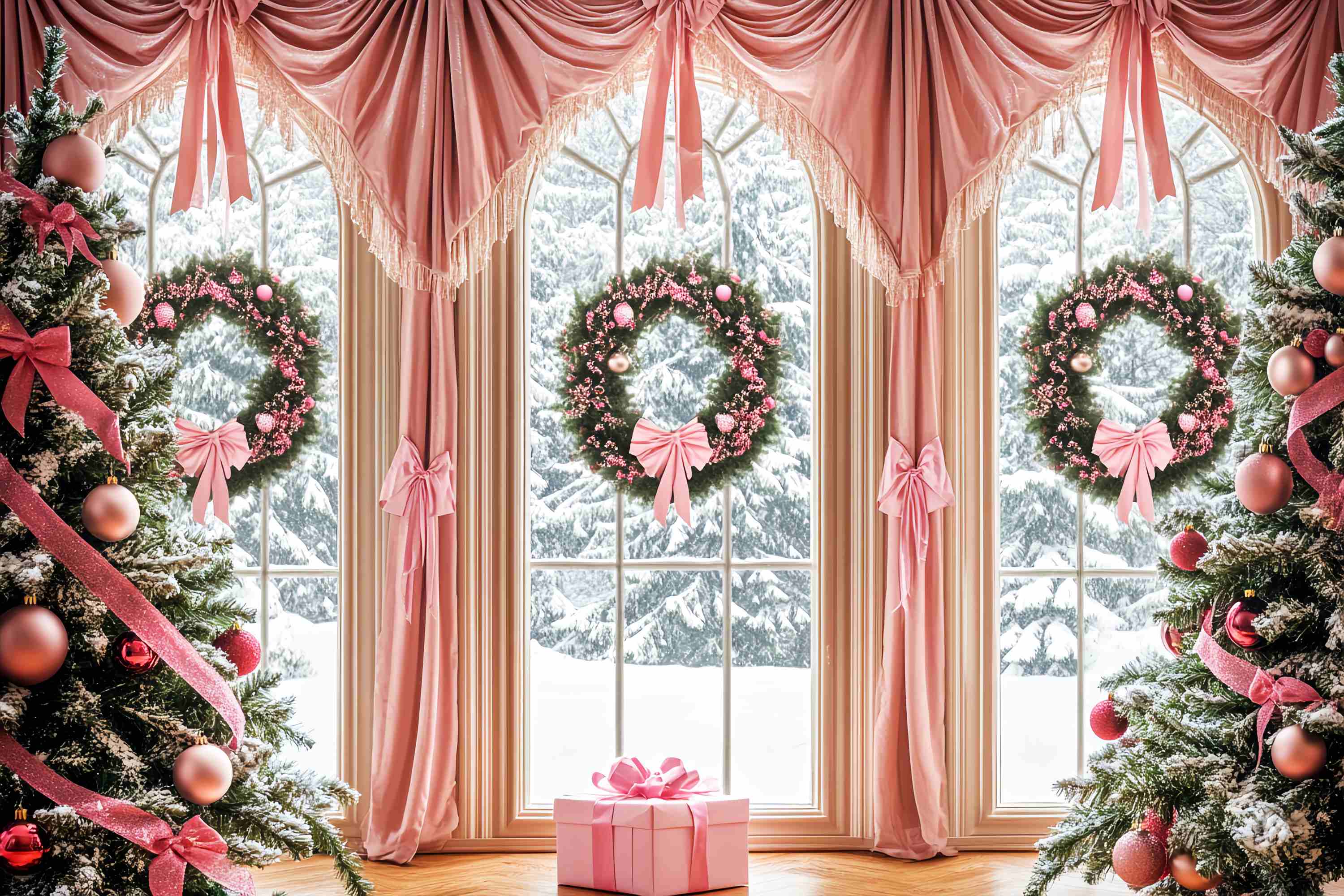 Pink Christmas Backdrop Pink Bow Elegant Window Backdrop Christmas UK LXX58-57