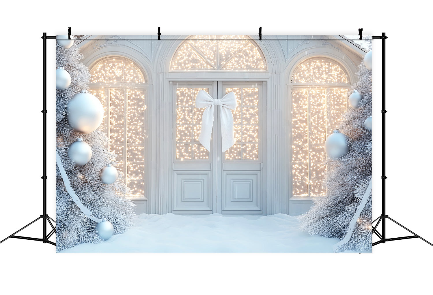 White Christmas Backdrop White Sparkle Bow Doorway Christmas Backdrop Photography UK LXX58-59