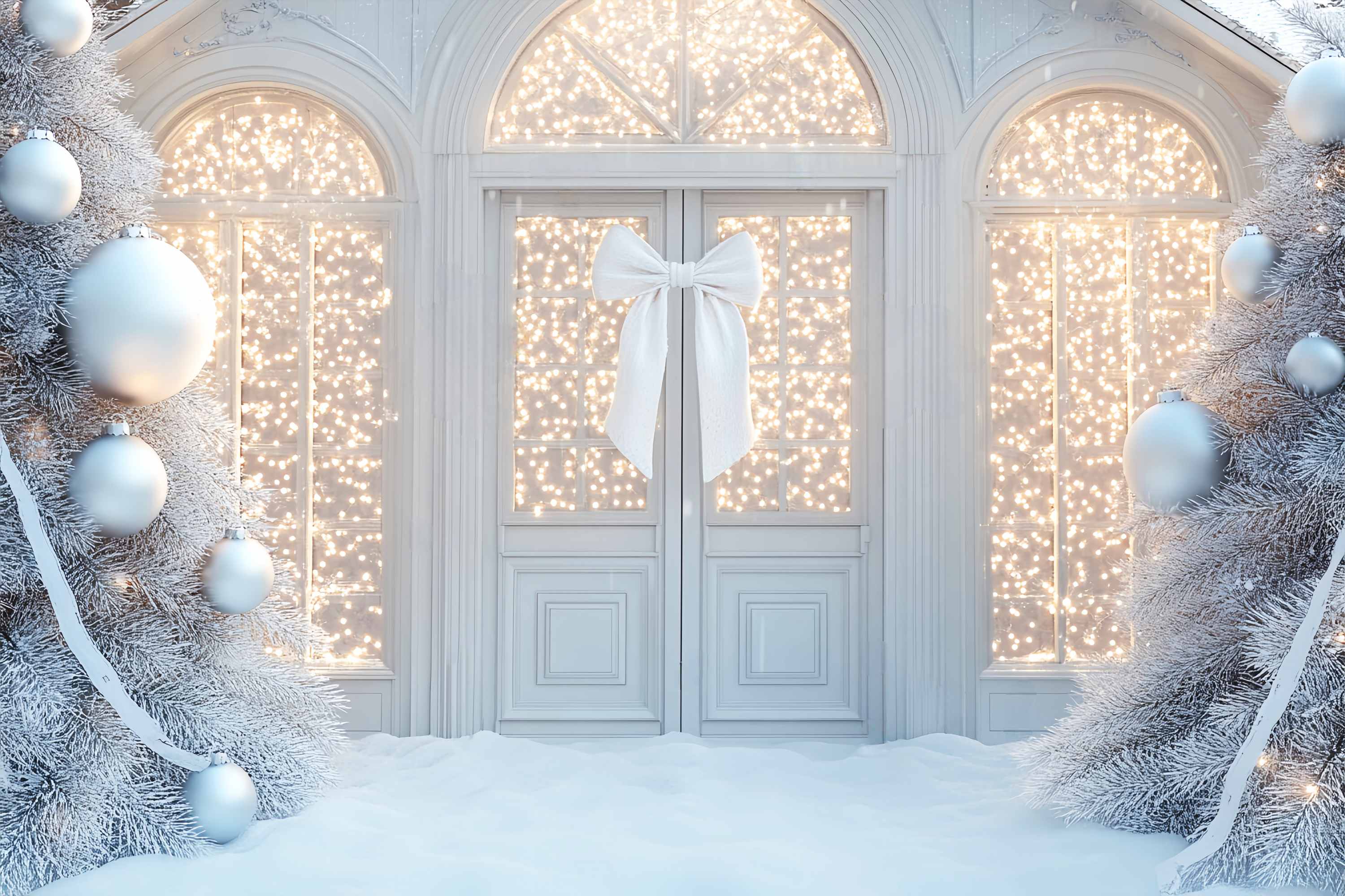White Christmas Backdrop White Sparkle Bow Doorway Christmas Backdrop Photography UK LXX58-59