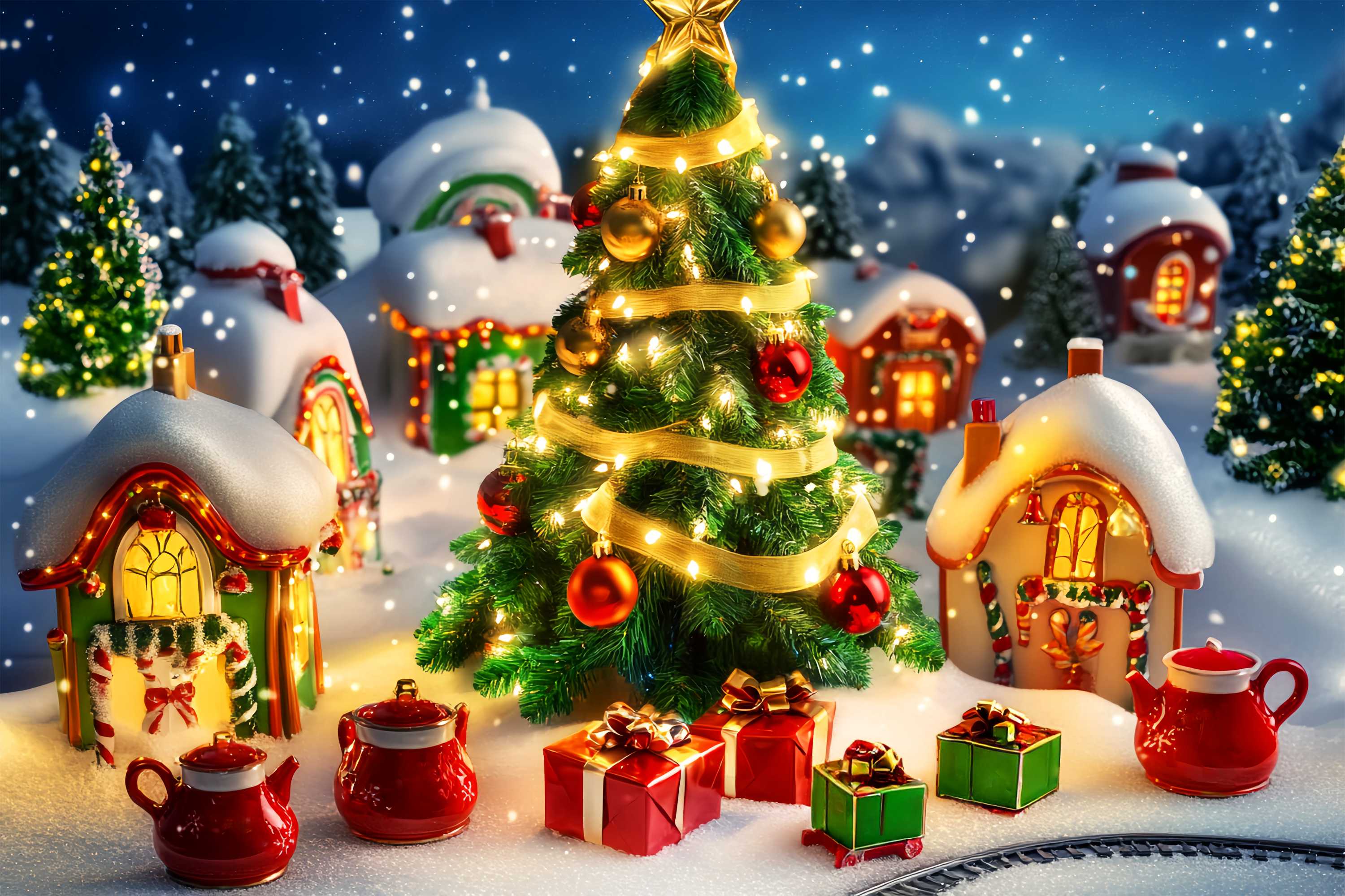 Christmas Tree Backdrop Toy Village Christmas Tree Scene Christmas Backdrops UK LXX58-60