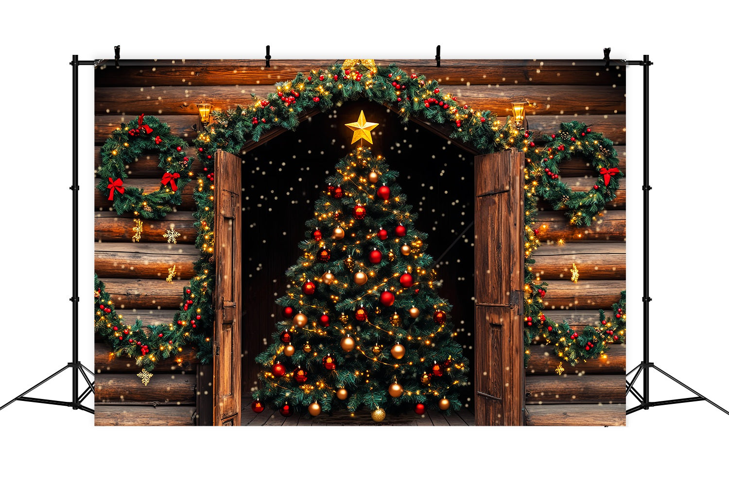 Christmas Tree Backdrop Rustic Cabin Christmas Tree Glow Christmas Photo Backdrop UK LXX58-63