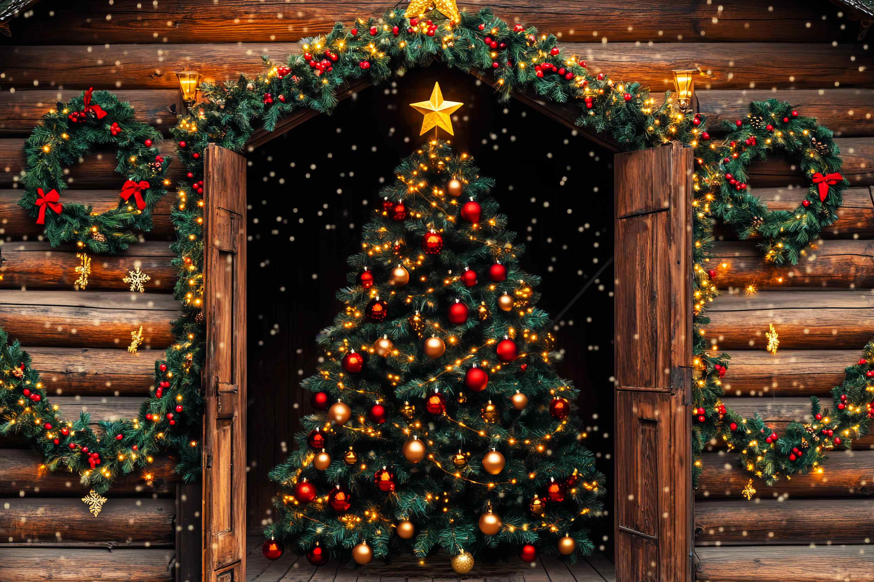 Christmas Tree Backdrop Rustic Cabin Christmas Tree Glow Christmas Photo Backdrop UK LXX58-63