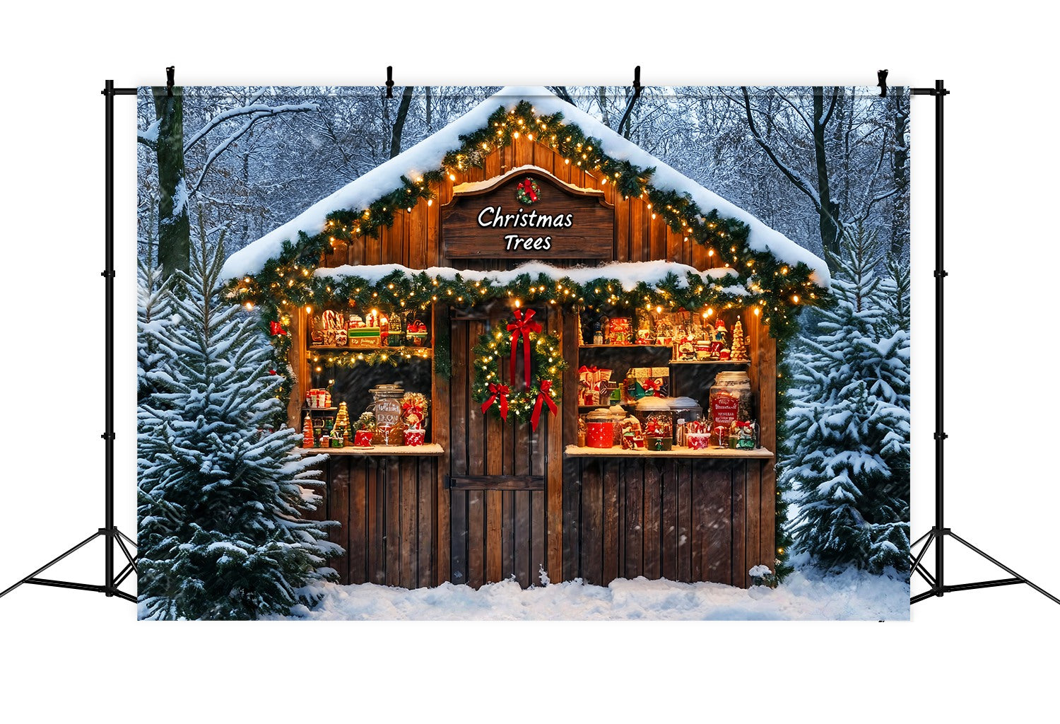 Christmas Tree Farm Backdrop Snowy Forest Candy Cabin Stand Christmas Backdrops 10x10 UK LXX58-65