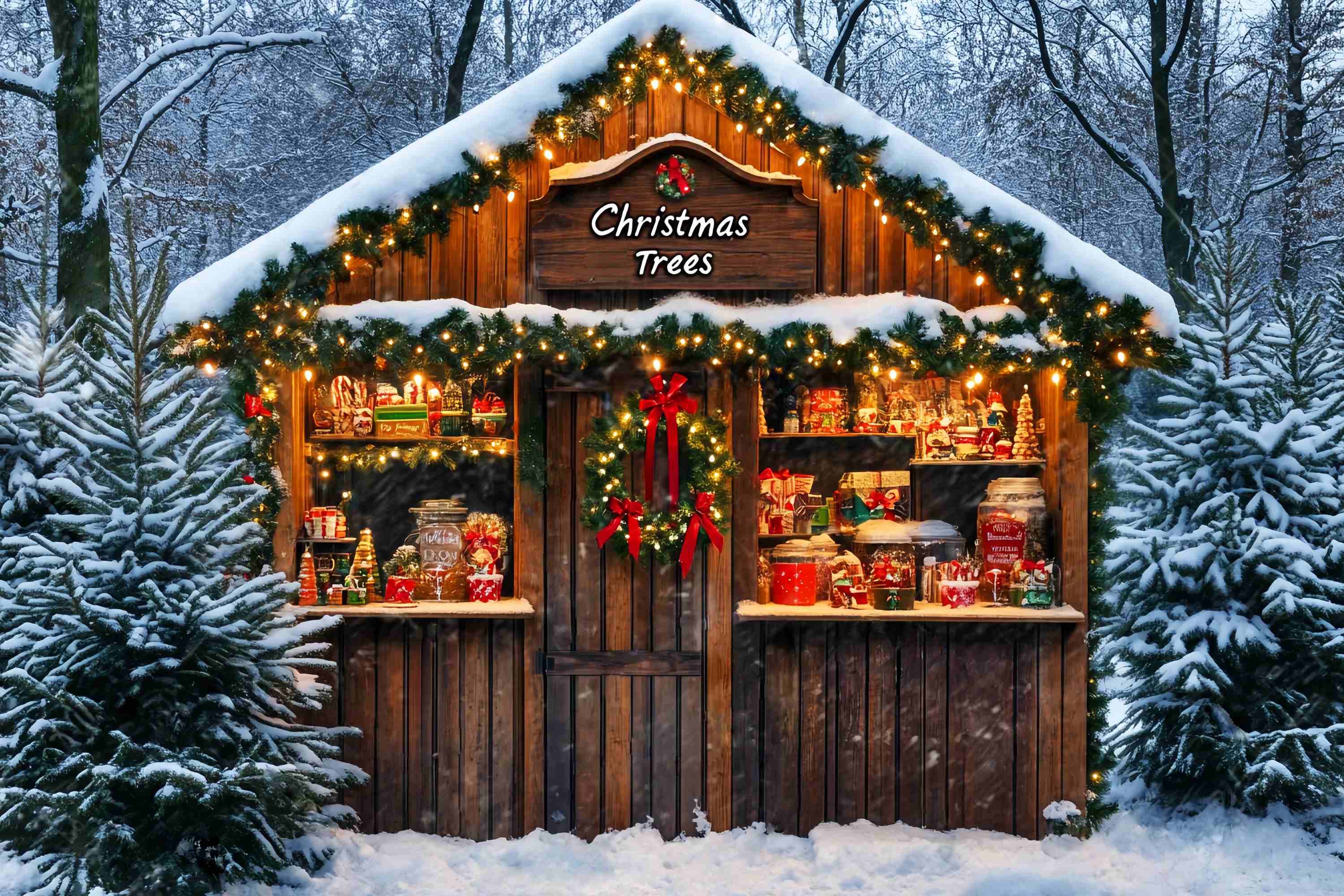 Christmas Tree Farm Backdrop Snowy Forest Candy Cabin Stand Christmas Backdrops 10x10 UK LXX58-65