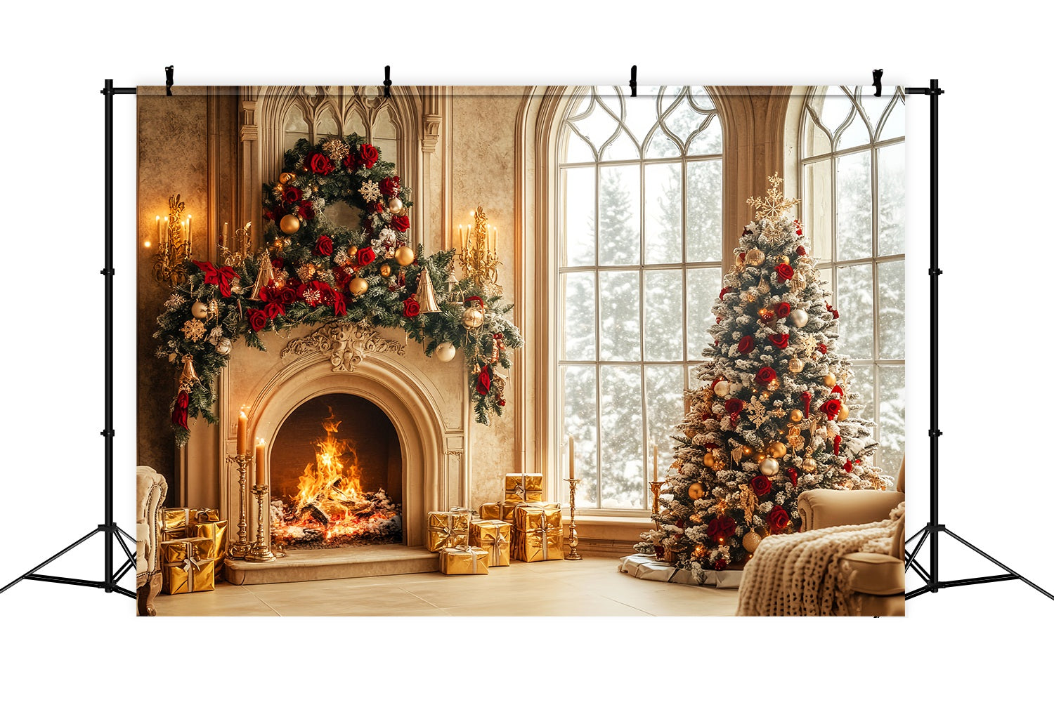 Christmas Fireplace Backdrop Gold Red Luxury Fireplace Room Professional Christmas Backdrops UK LXX58-66