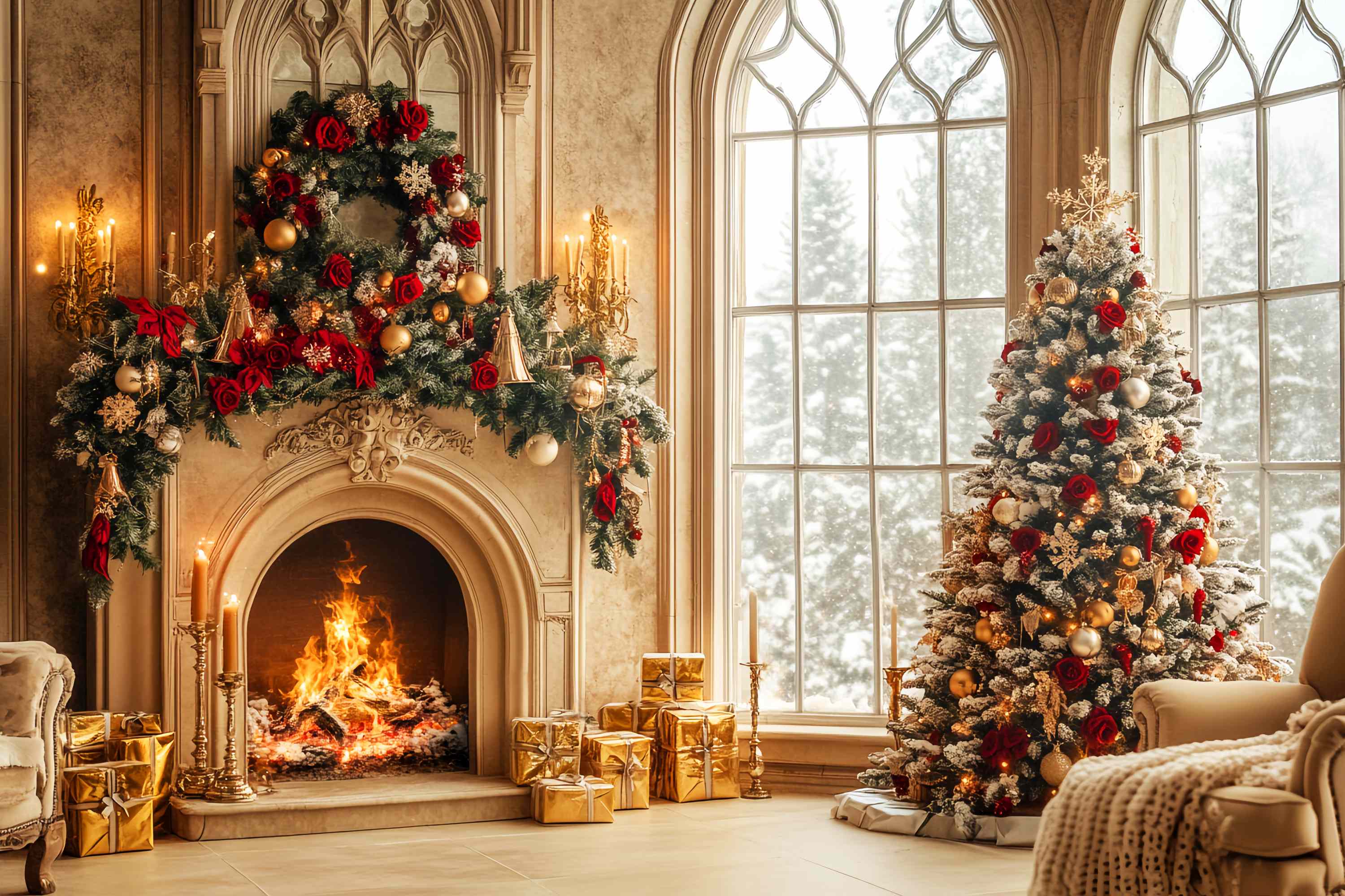 Christmas Fireplace Backdrop Gold Red Luxury Fireplace Room Professional Christmas Backdrops UK LXX58-66