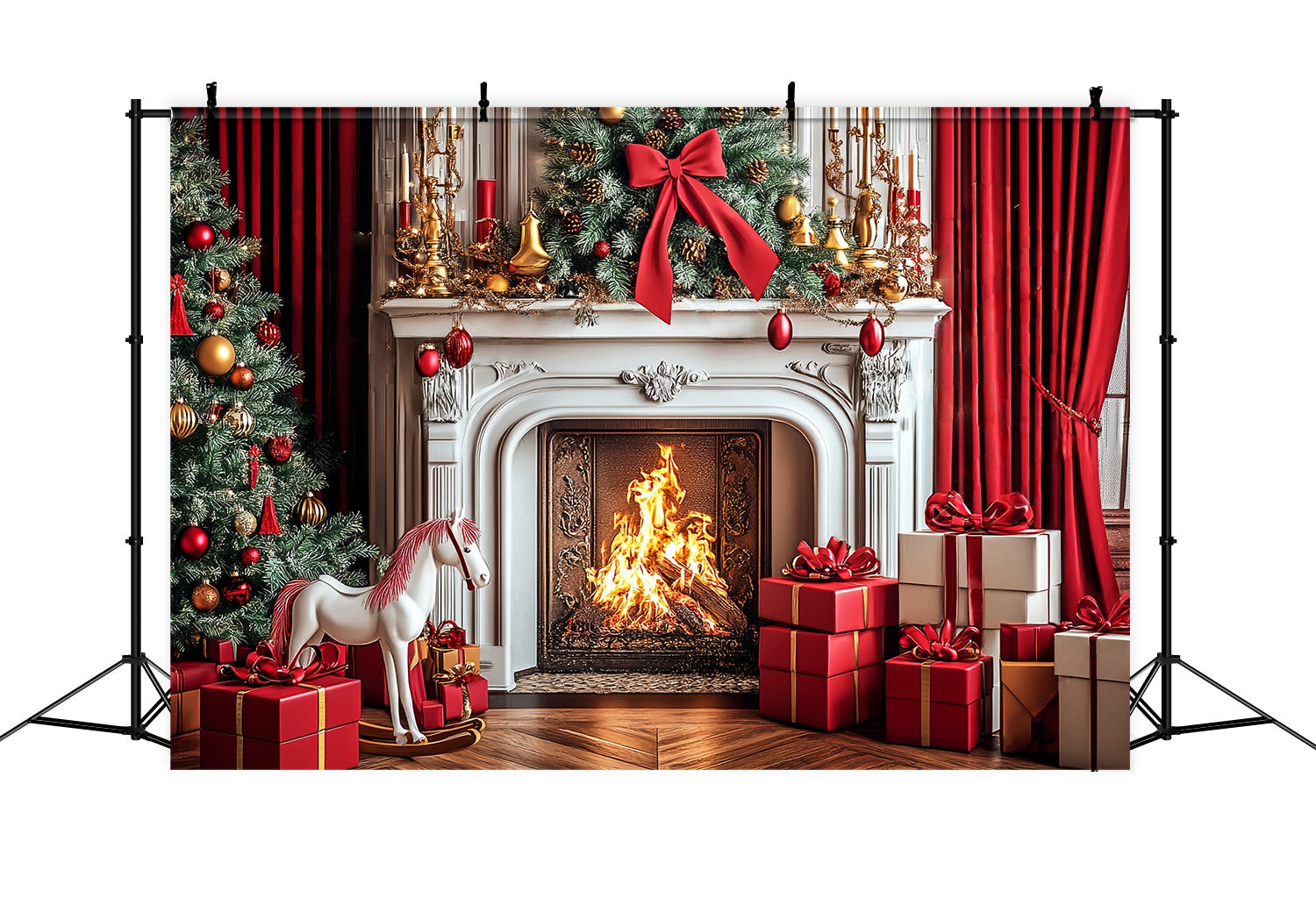 Christmas Fireplace Backdrop Classic Red Gold Fireplace Cheer Backdrop Christmas UK LXX58-69