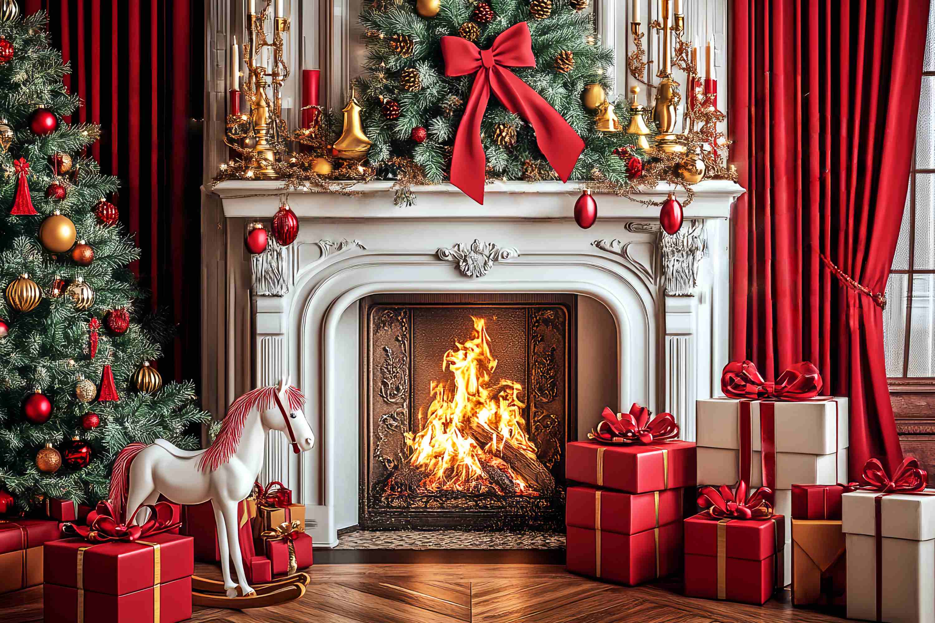 Christmas Fireplace Backdrop Classic Red Gold Fireplace Cheer Backdrop Christmas UK LXX58-69