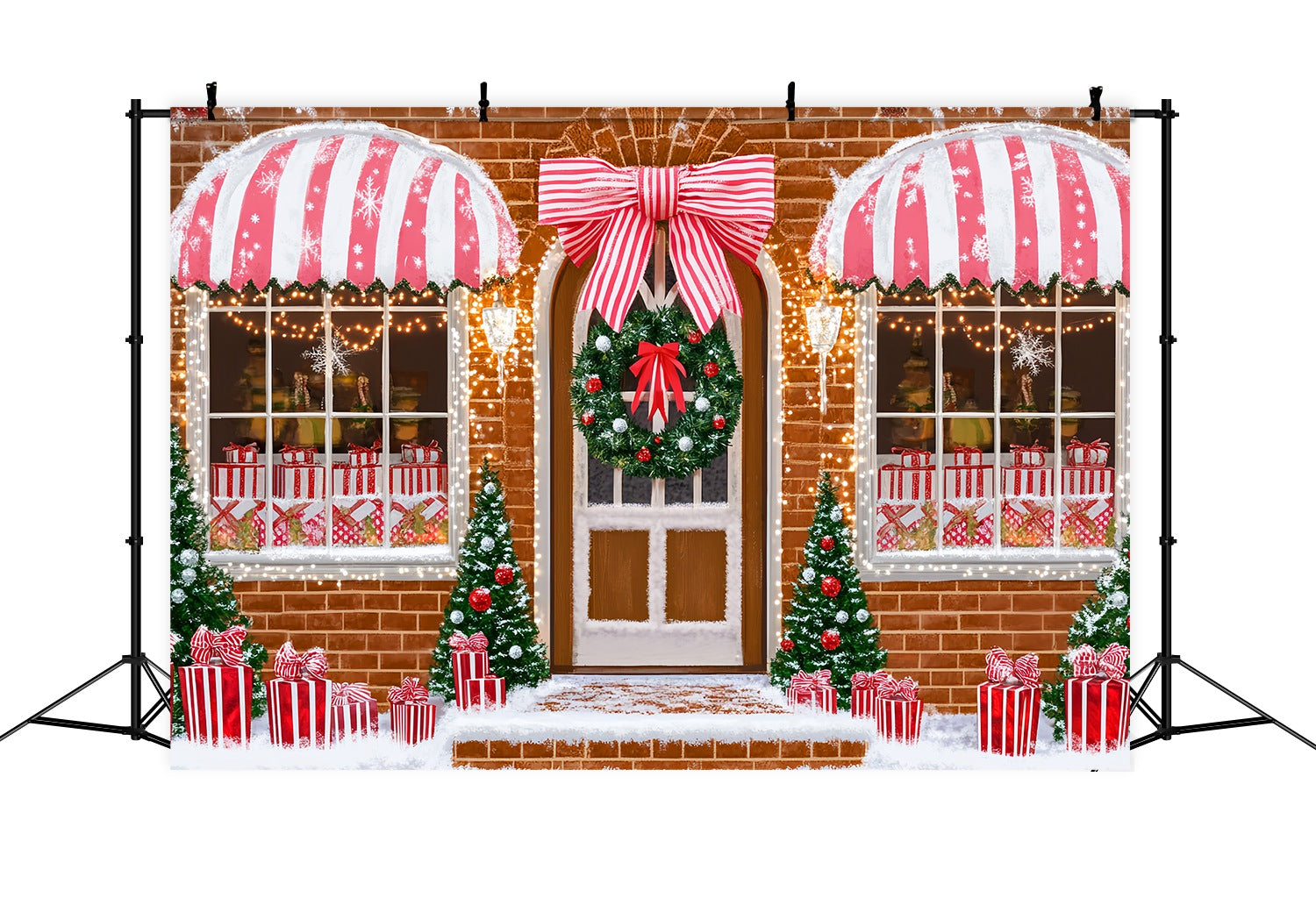 Santa Workshop Backdrop Candy Cane Gift Shopfront Christmas Photo Backdrops UK LXX58-71