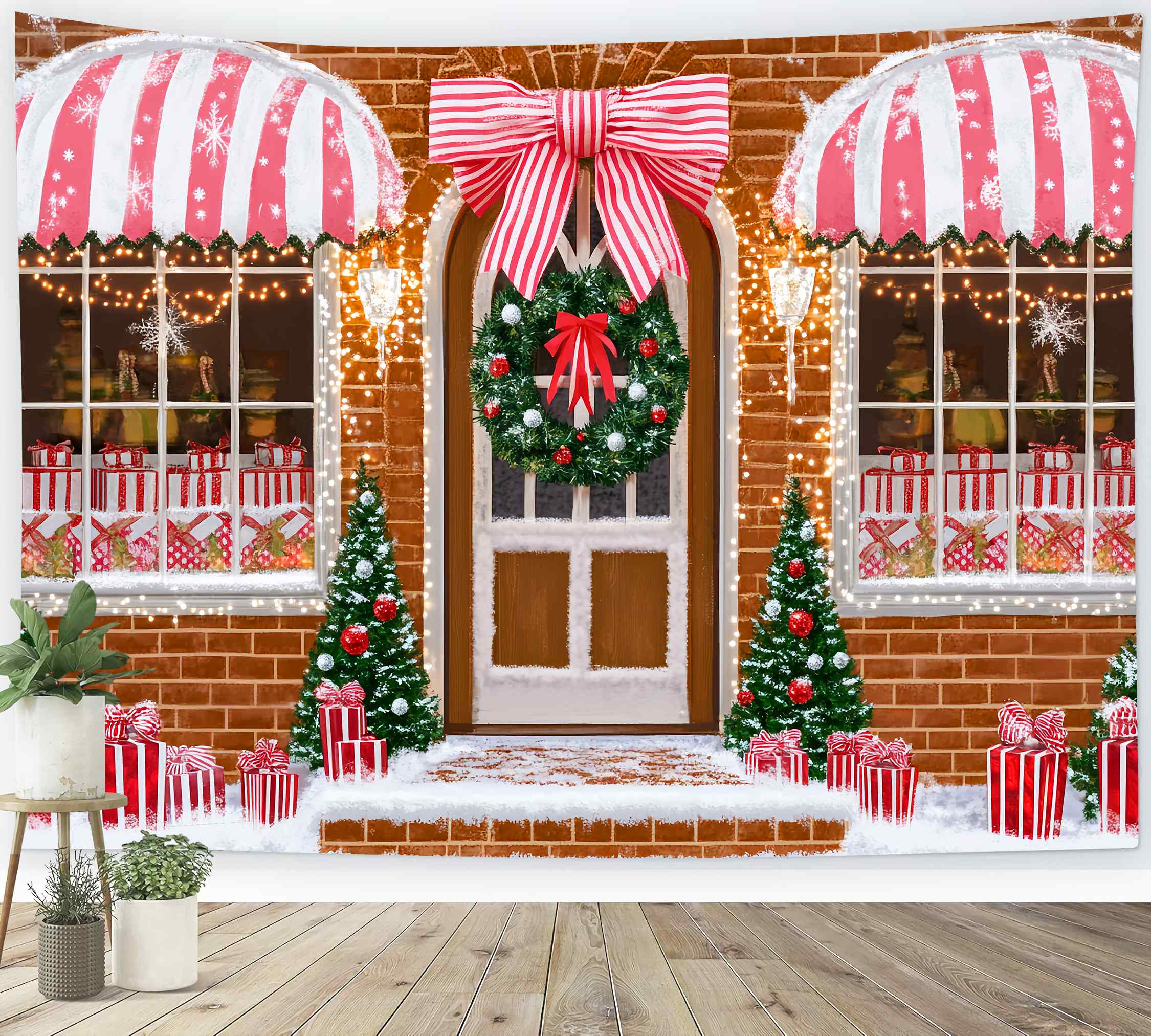 Santa Workshop Backdrop Candy Cane Gift Shopfront Christmas Photo Backdrops UK LXX58-71