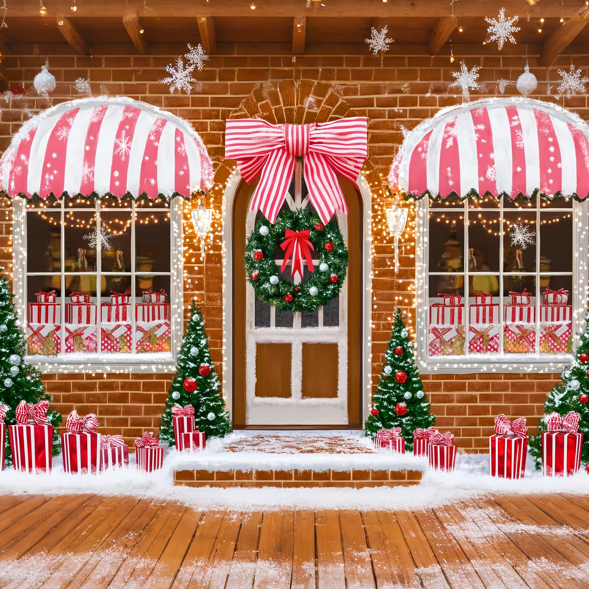Santa Workshop Backdrop Candy Cane Gift Shopfront Christmas Photo Backdrops UK LXX58-71