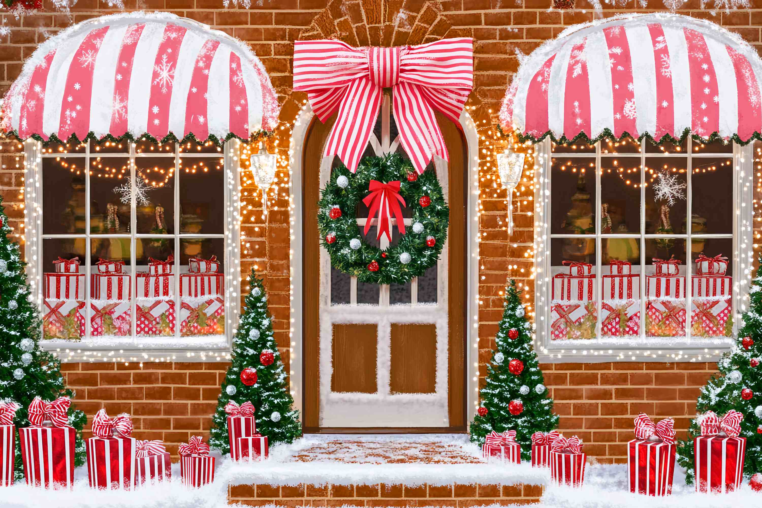 Santa Workshop Backdrop Candy Cane Gift Shopfront Christmas Photo Backdrops UK LXX58-71
