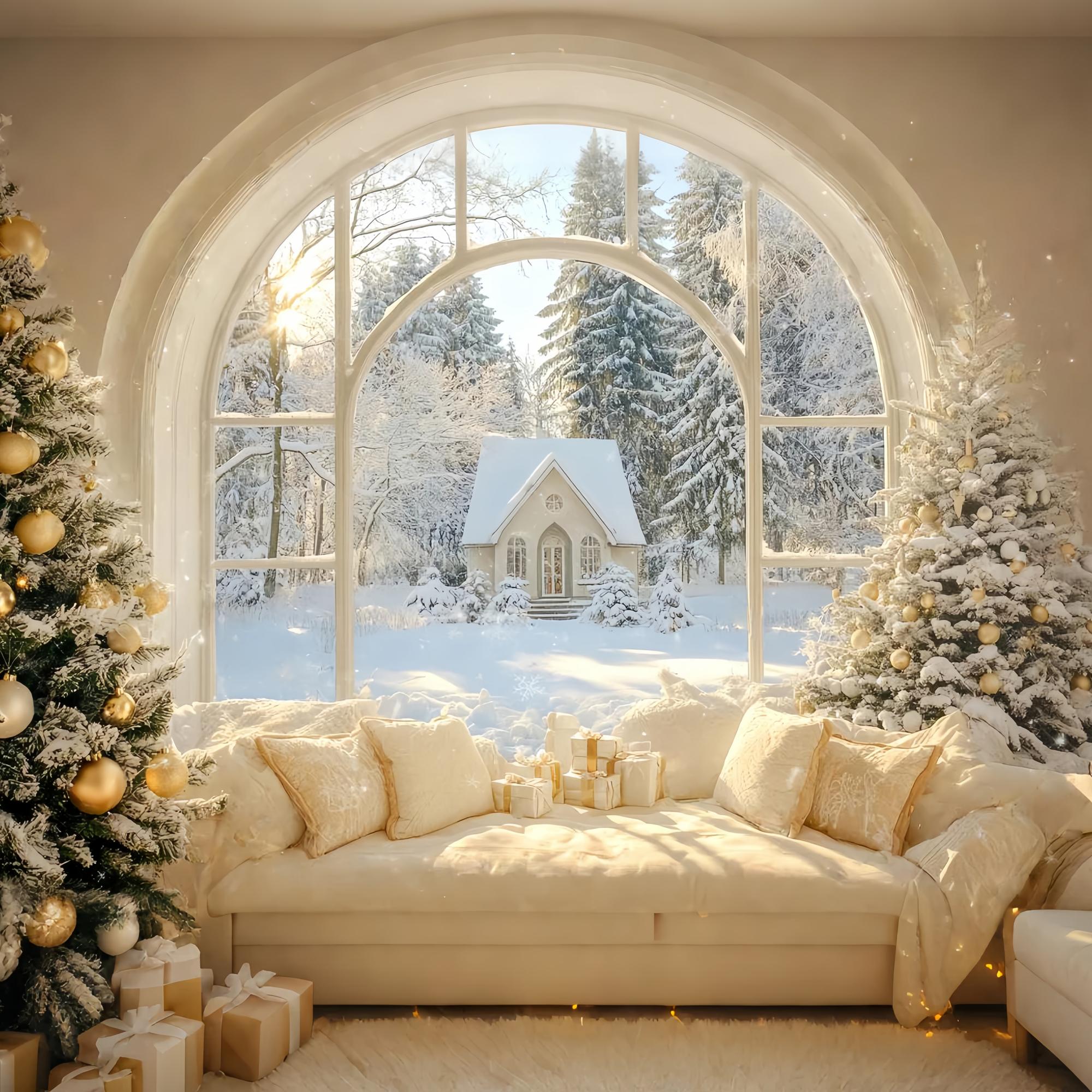 Christmas Backdrop Photography Golden Winter Cottage Window Christmas Photography Backdrops UK LXX58-73