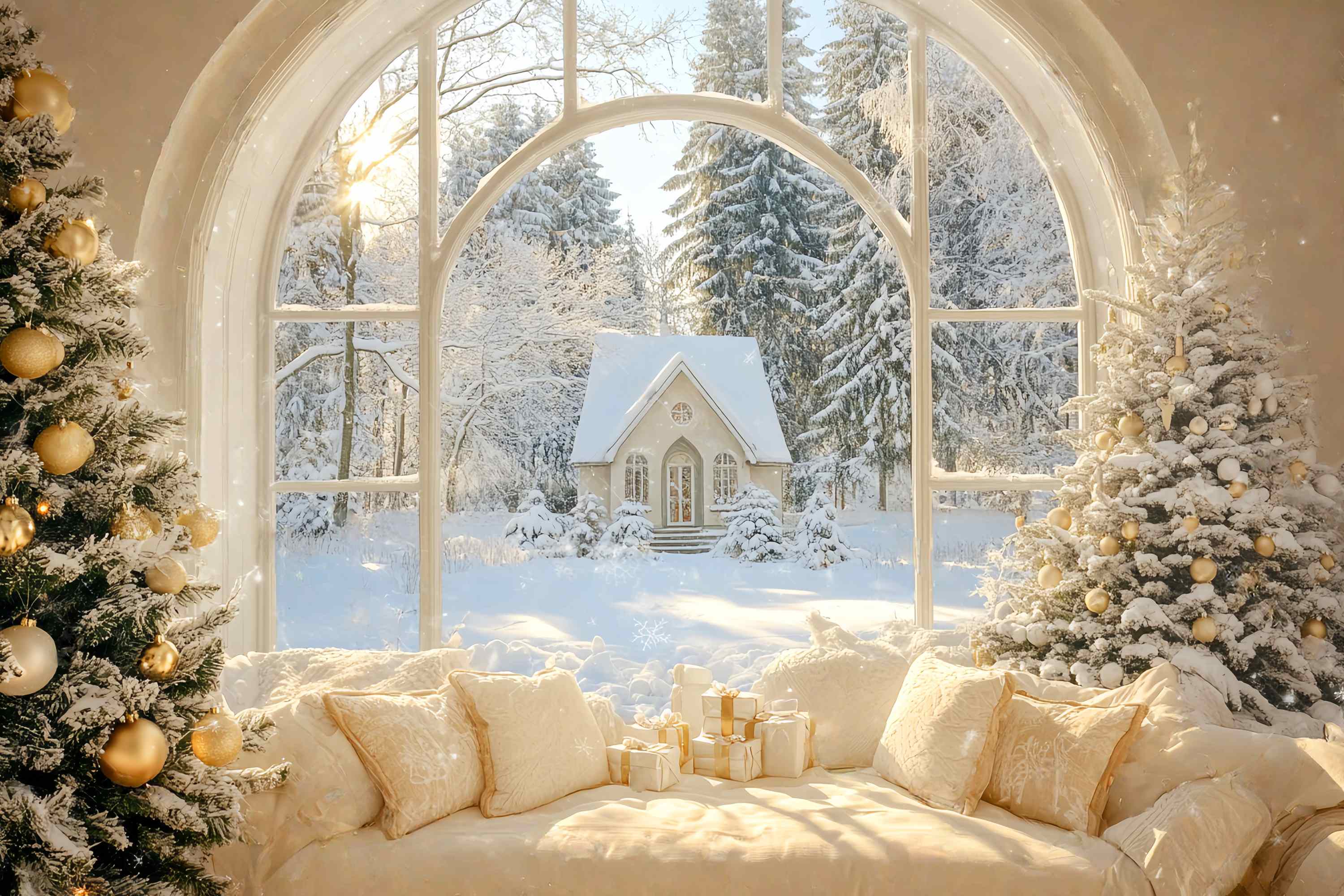 Christmas Backdrop Photography Golden Winter Cottage Window Christmas Photography Backdrops UK LXX58-73