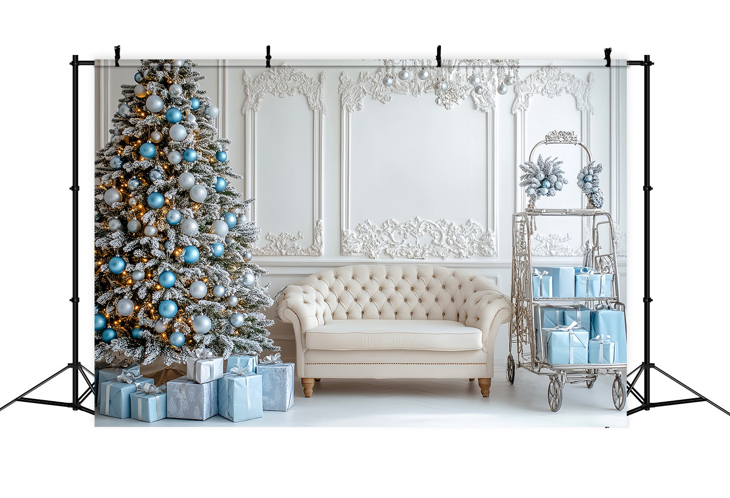 Christmas Wall Backdrop Icy Blue Ornament Lounge Room Professional Christmas Backdrops UK LXX58-74