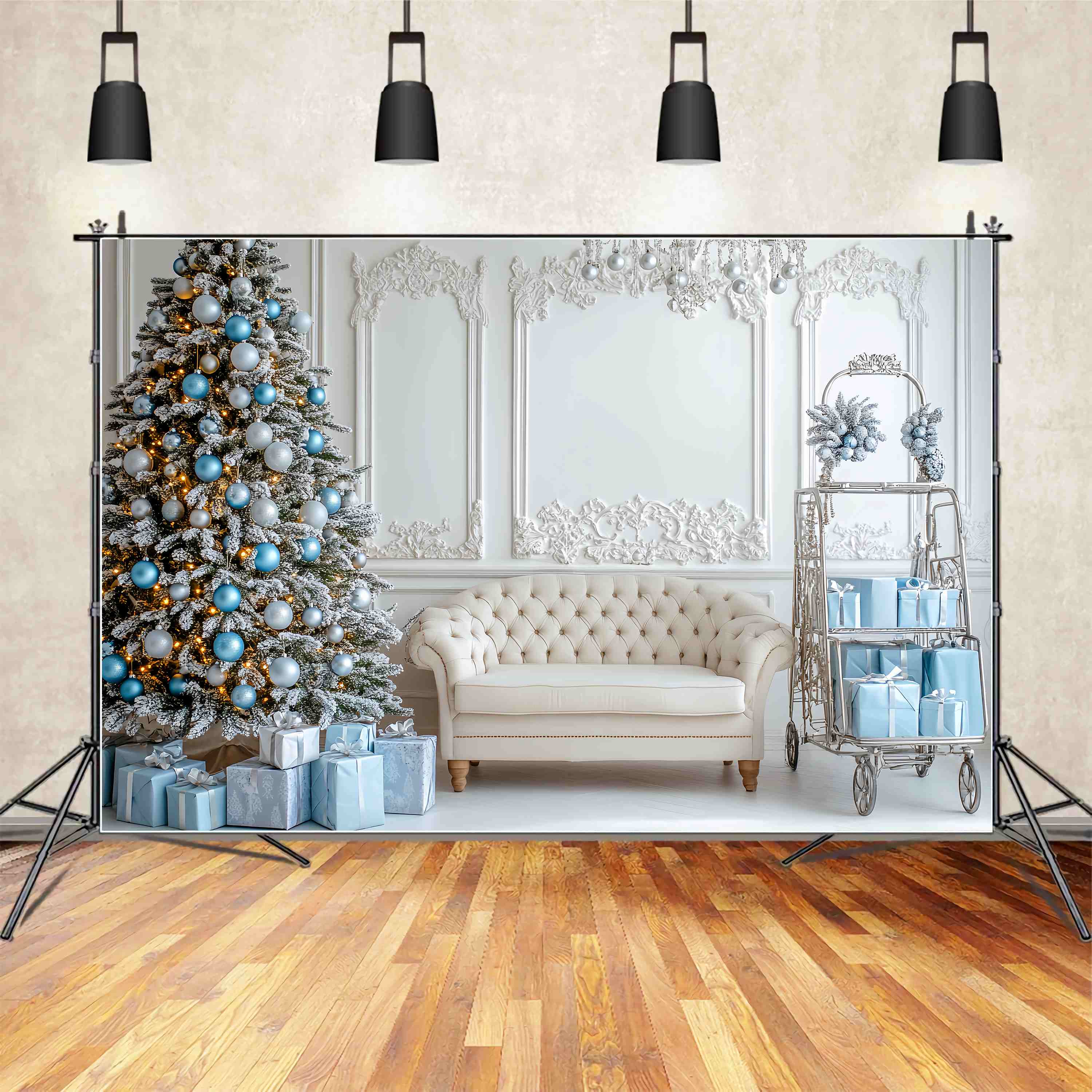 Christmas Wall Backdrop Icy Blue Ornament Lounge Room Professional Christmas Backdrops UK LXX58-74