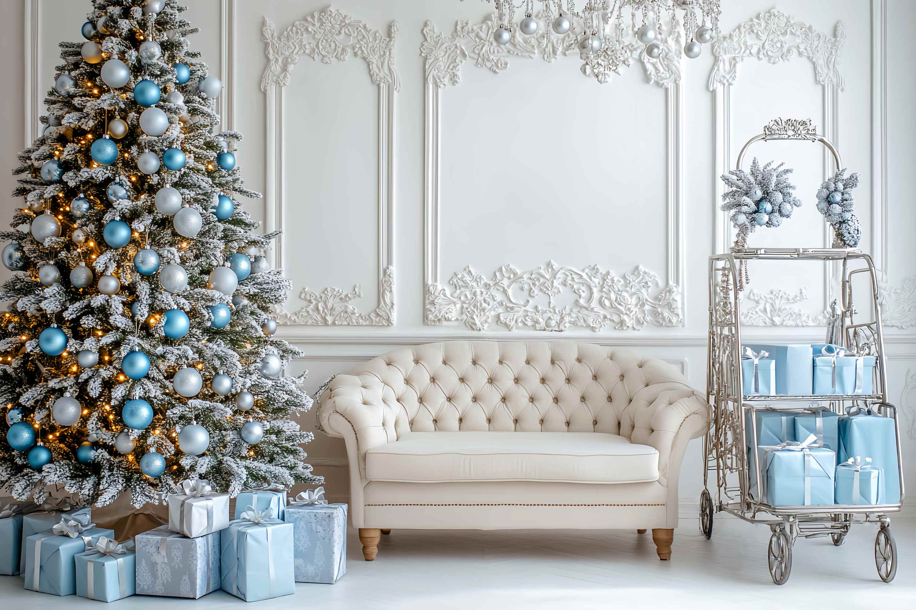 Christmas Wall Backdrop Icy Blue Ornament Lounge Room Professional Christmas Backdrops UK LXX58-74