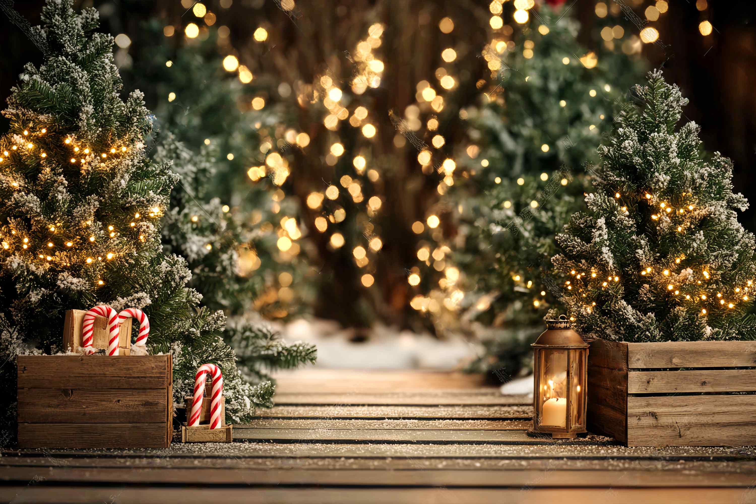 Christmas Tree Backdrop Snowy Pine Pathway Lights Christmas Photography Backdrops UK LXX58-77