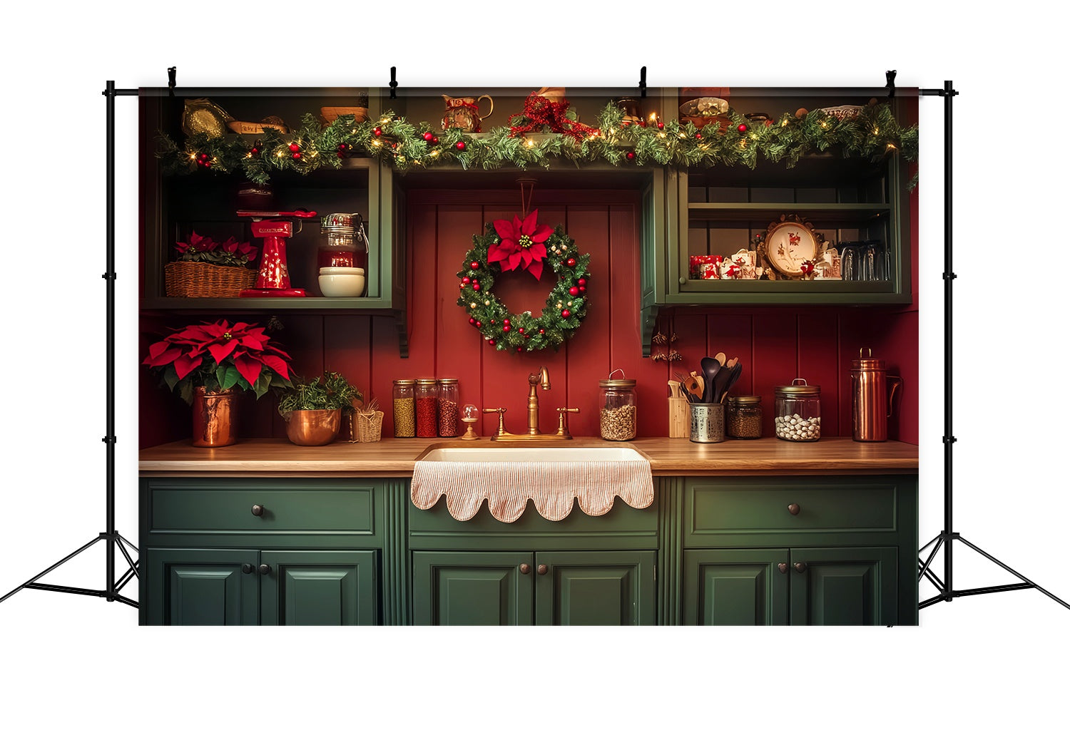 Christmas Kitchen Backdrop Farmhouse Garland Wreath Kitchen Christmas Backdrops UK LXX58-78