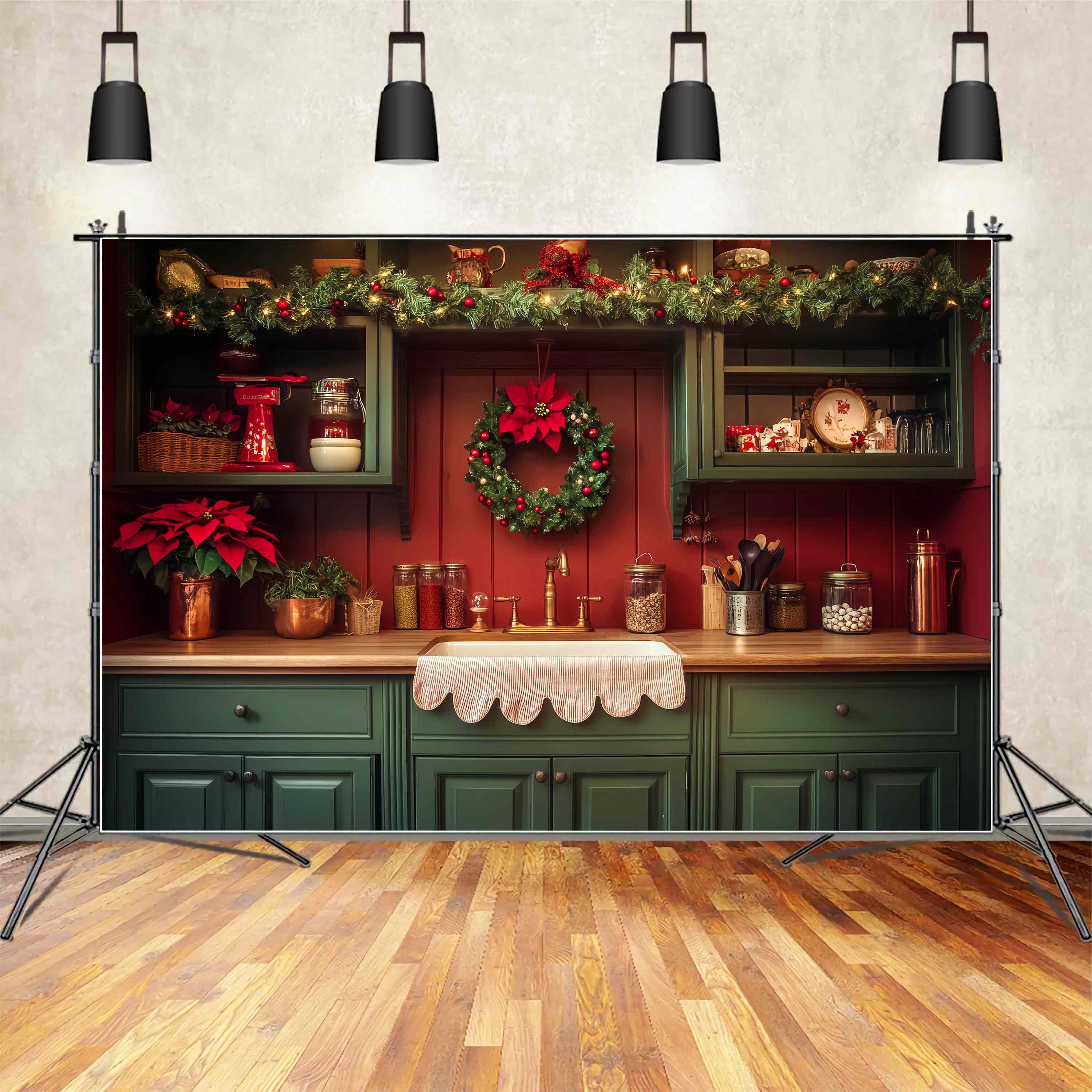 Christmas Kitchen Backdrop Farmhouse Garland Wreath Kitchen Christmas Backdrops UK LXX58-78