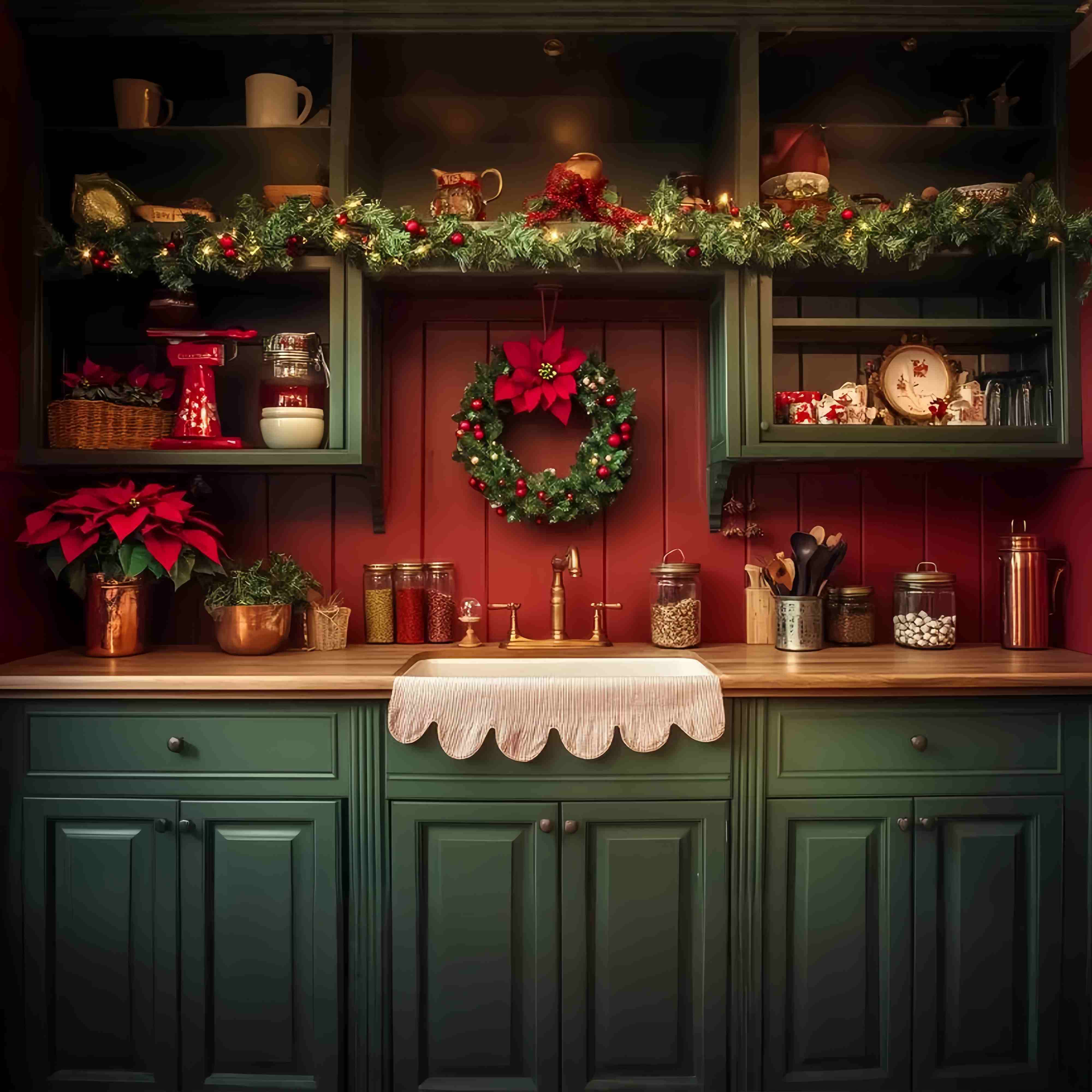Christmas Kitchen Backdrop Farmhouse Garland Wreath Kitchen Christmas Backdrops UK LXX58-78