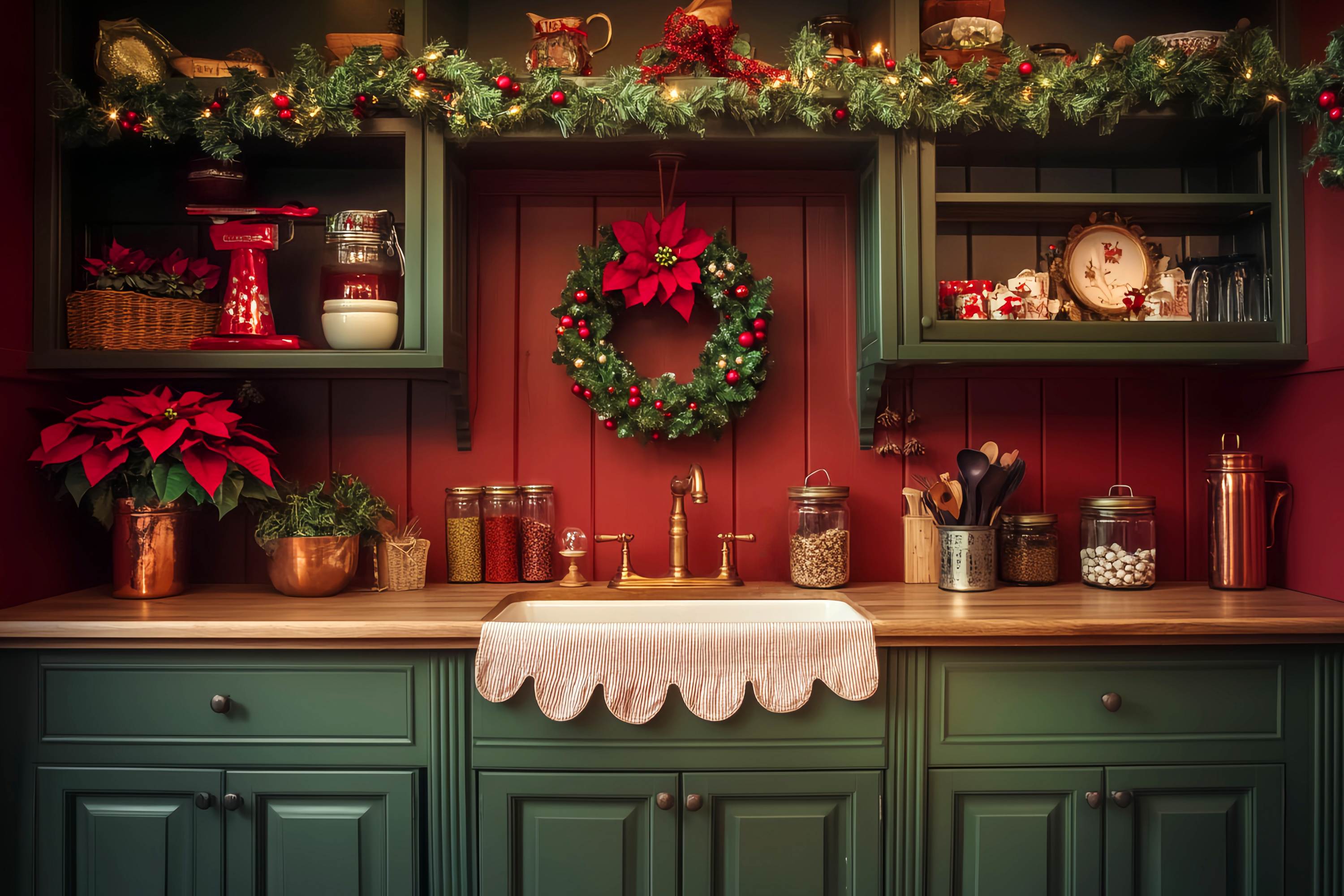 Christmas Kitchen Backdrop Farmhouse Garland Wreath Kitchen Christmas Backdrops UK LXX58-78