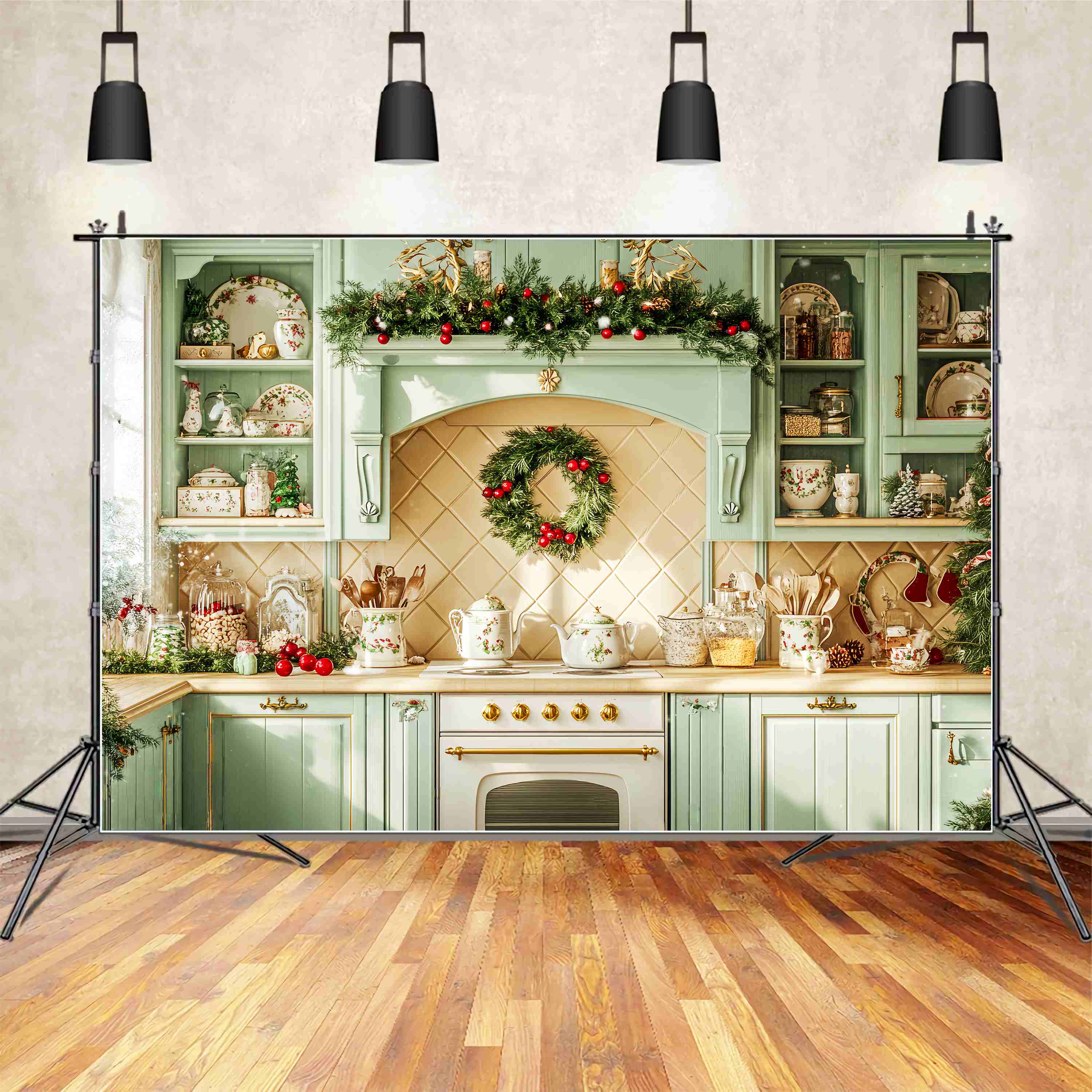 Christmas Kitchen Backdrop Mint Green Christmas Kitchen Christmas Backdrop UK LXX58-79