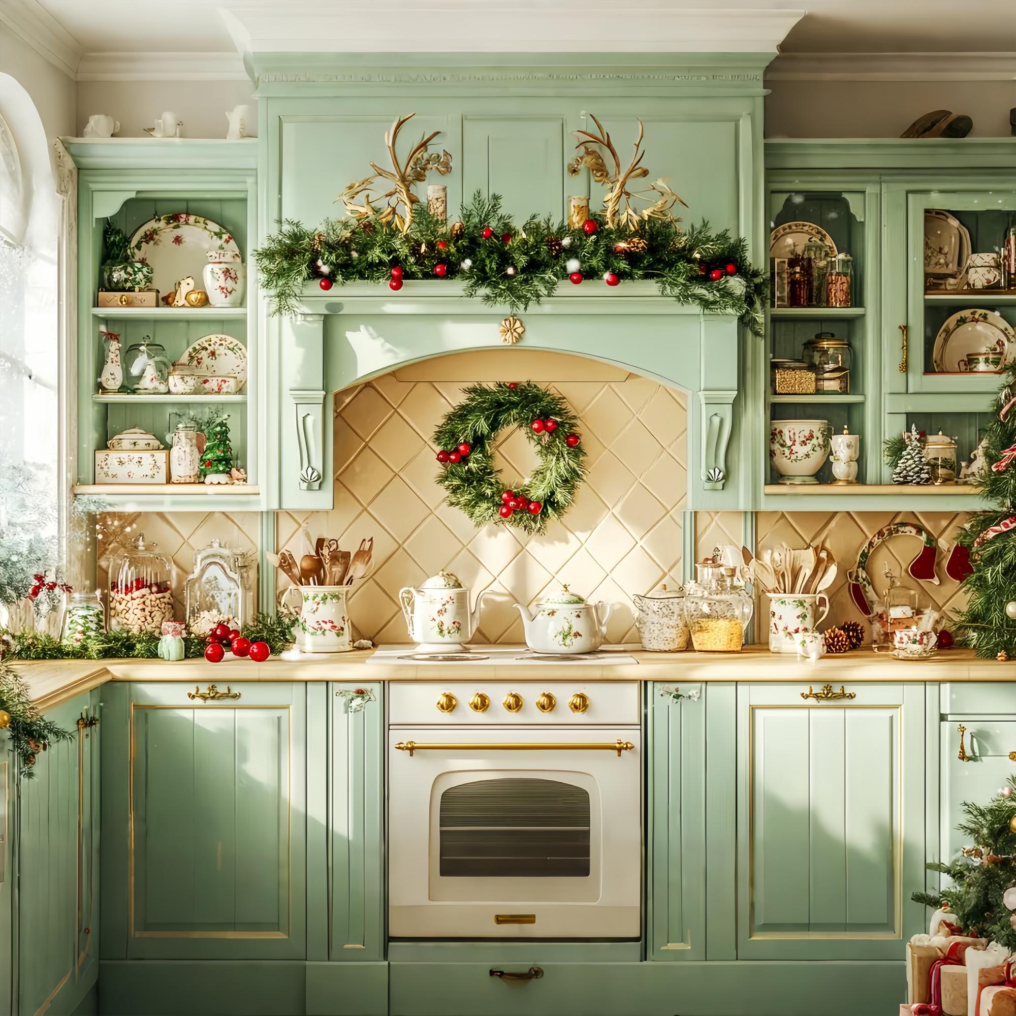 Christmas Kitchen Backdrop Mint Green Christmas Kitchen Christmas Backdrop UK LXX58-79