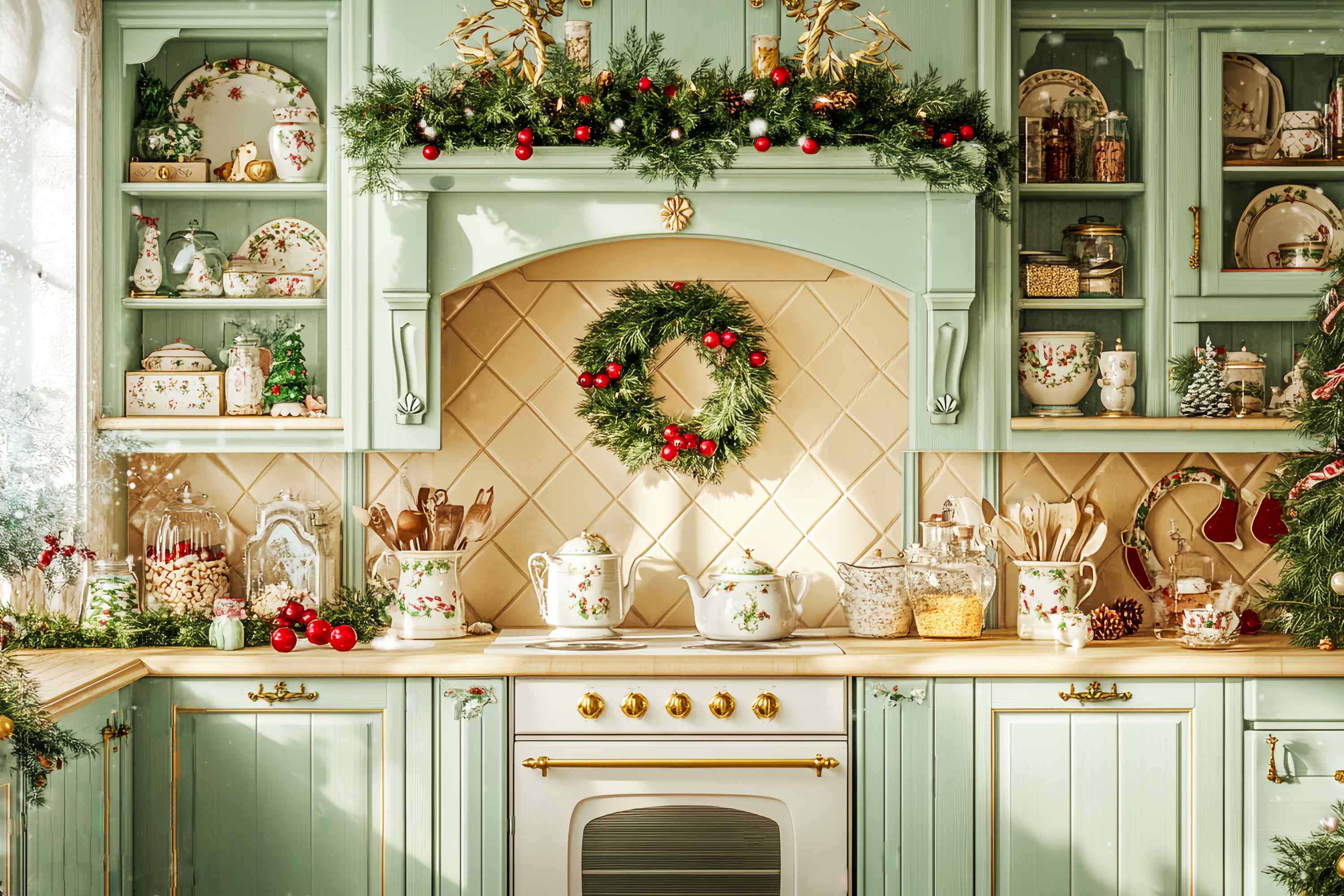 Christmas Kitchen Backdrop Mint Green Christmas Kitchen Christmas Backdrop UK LXX58-79