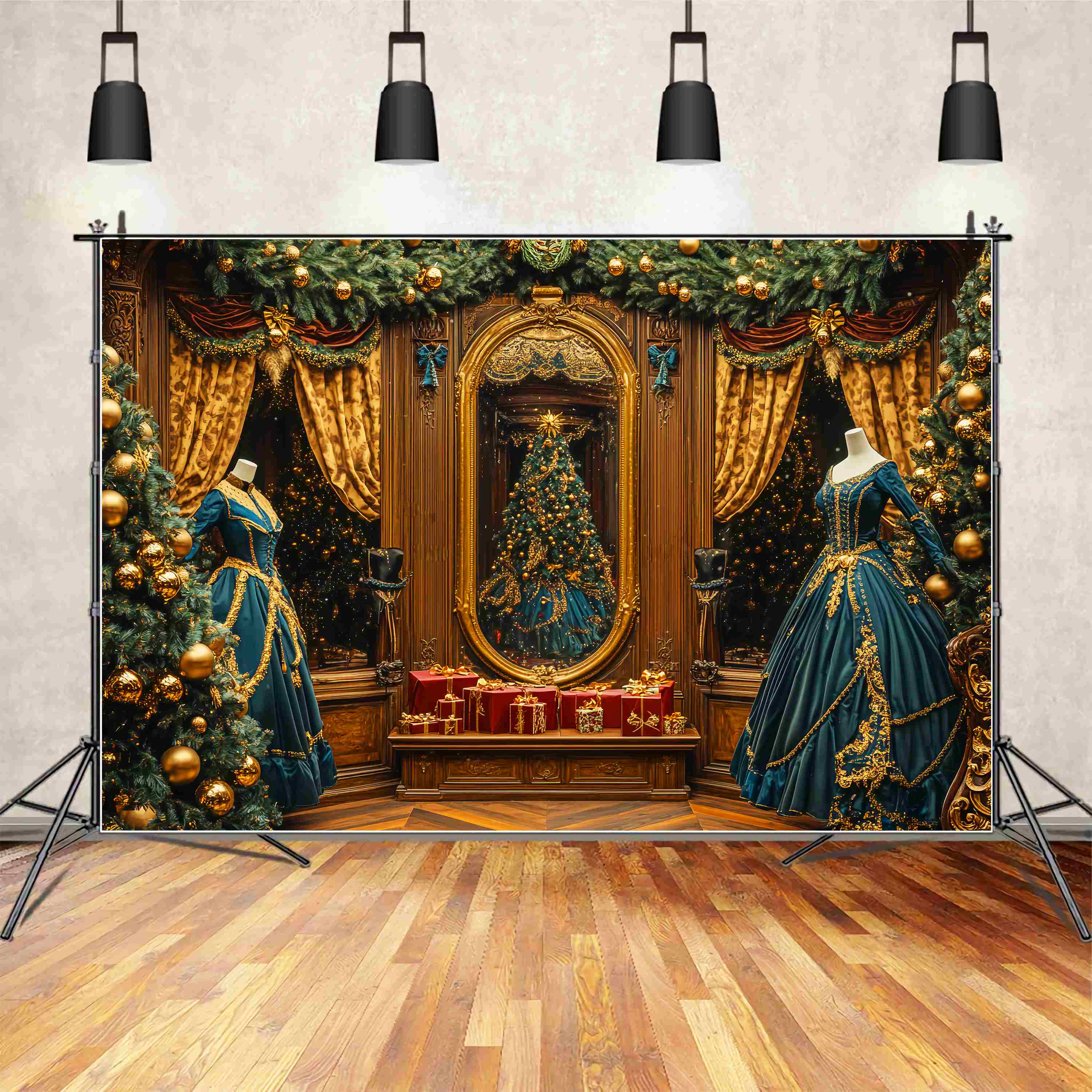 Christmas Backdrops 10x10 Victorian Golden Mirror Ballroom Christmas Photography Backdrops UK LXX58-80