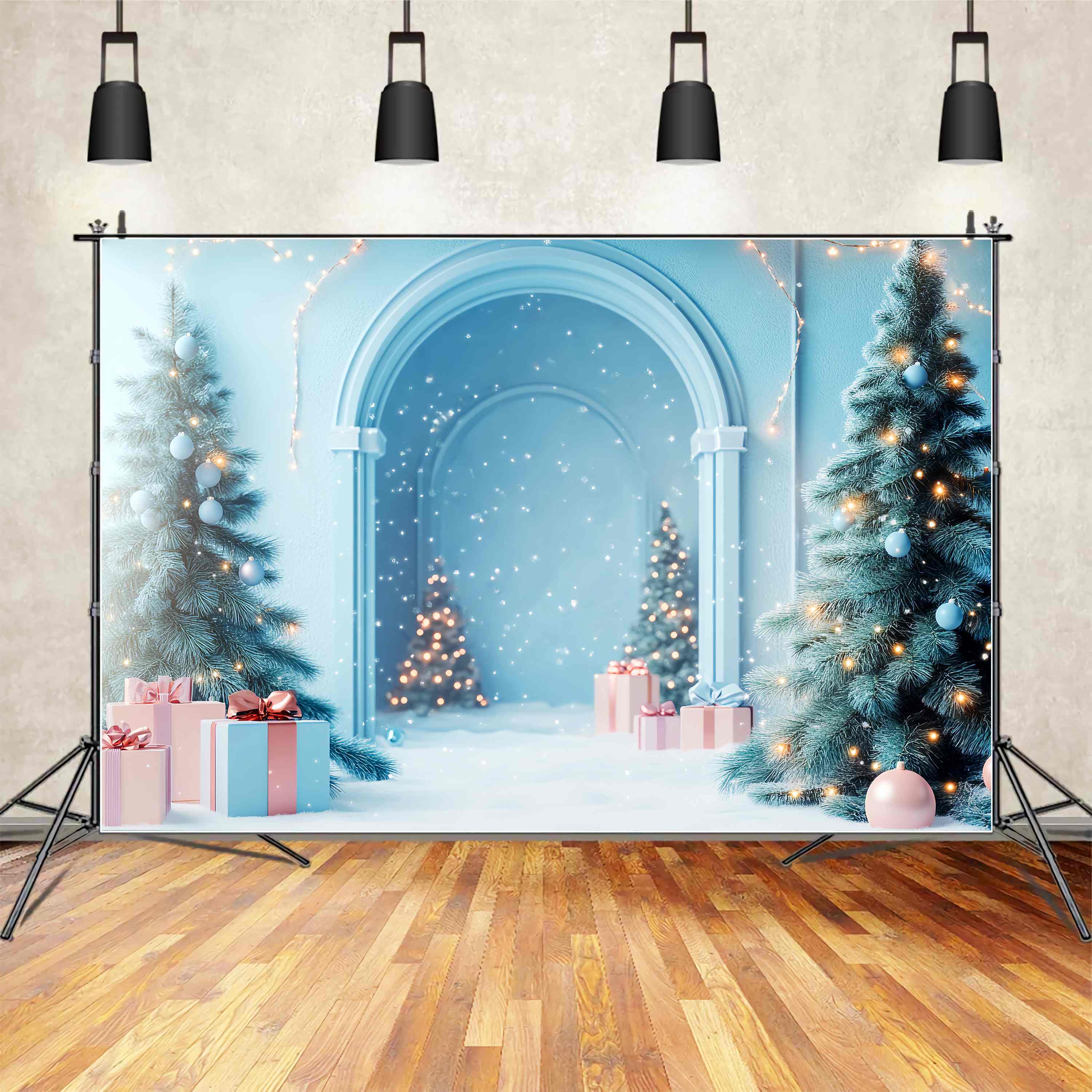 Christmas Wall Backdrop Frosty Blue Arch Snow Wonderland Christmas Backdrops for Photography UK LXX58-81