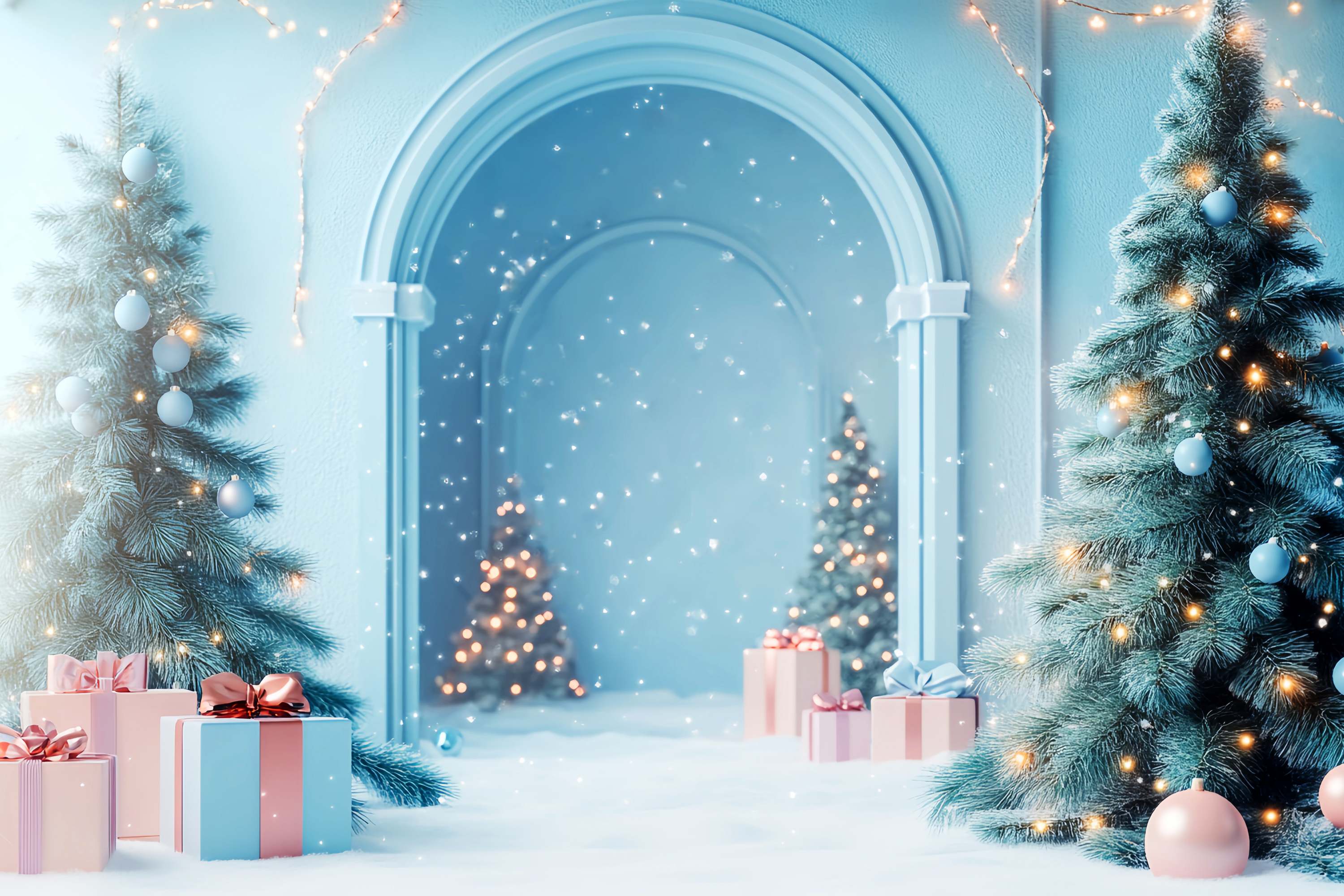 Christmas Wall Backdrop Frosty Blue Arch Snow Wonderland Christmas Backdrops for Photography UK LXX58-81