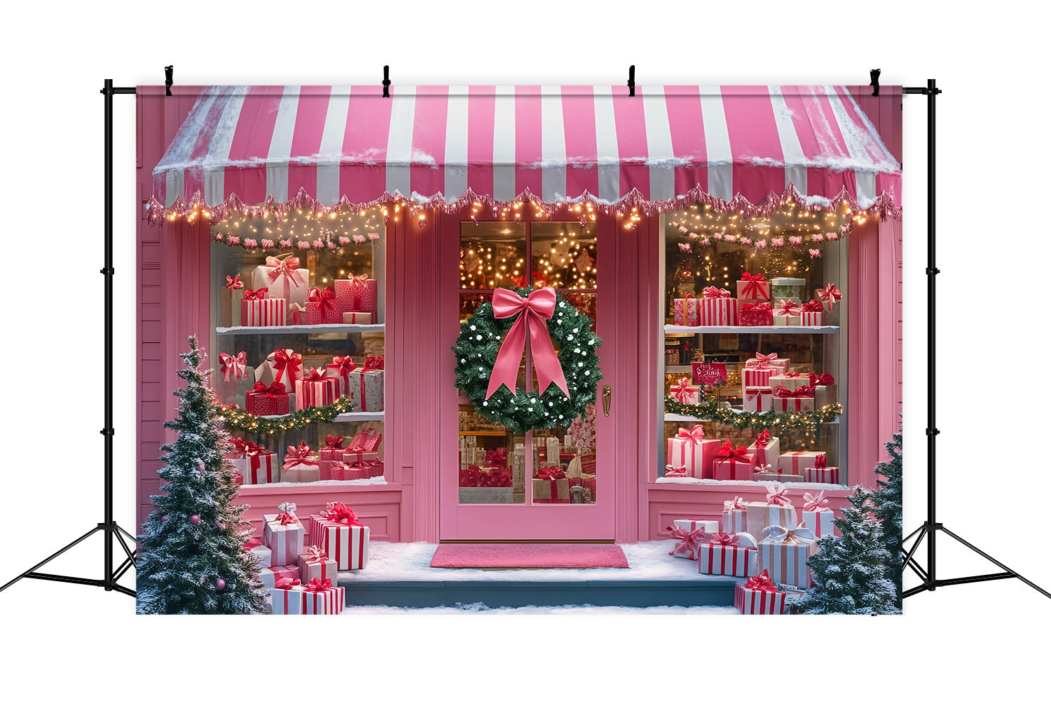 Santas Workshop Backdrop Pink Candy Stripe Gift Shop Christmas Photo Backdrops UK LXX58-82