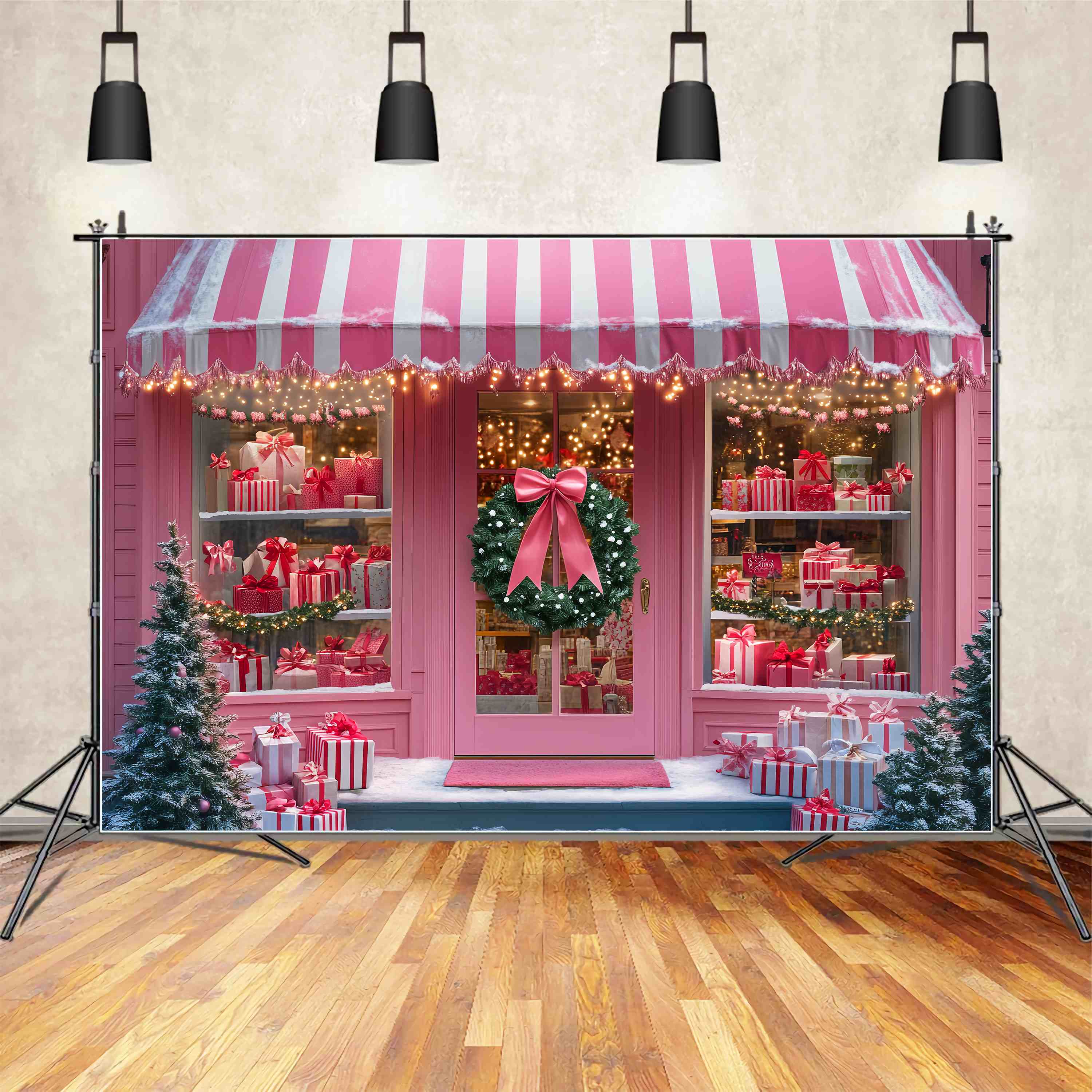 Santas Workshop Backdrop Pink Candy Stripe Gift Shop Christmas Photo Backdrops UK LXX58-82