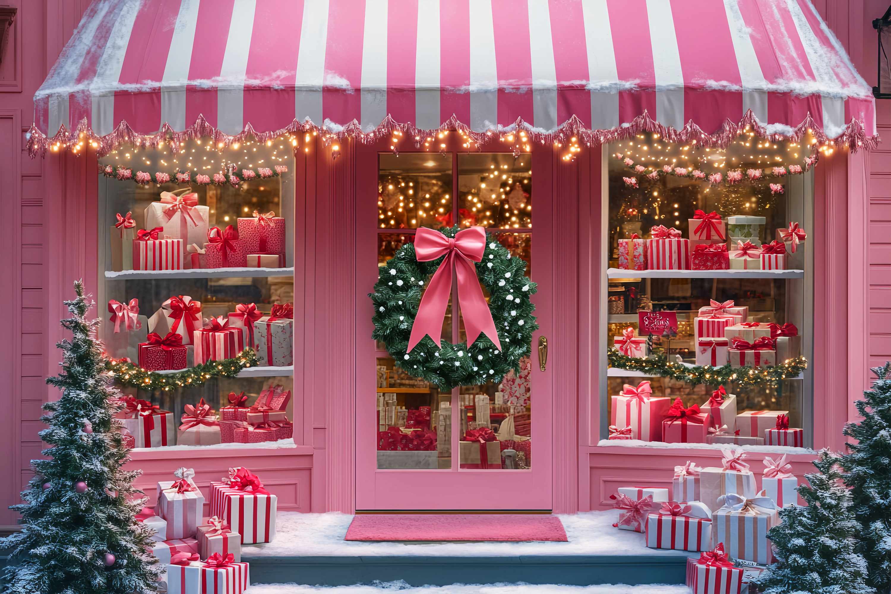 Santas Workshop Backdrop Pink Candy Stripe Gift Shop Christmas Photo Backdrops UK LXX58-82
