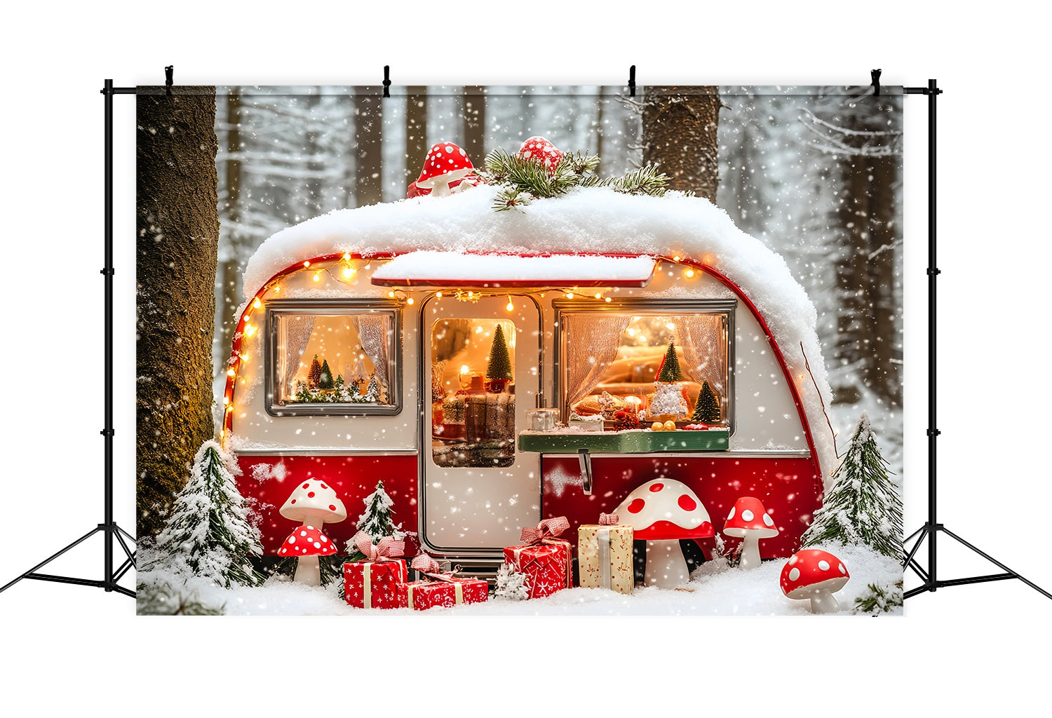 Christmas Photography Backdrops Snowy Mushroom Camper Forest Christmas Backdrop UK LXX58-84